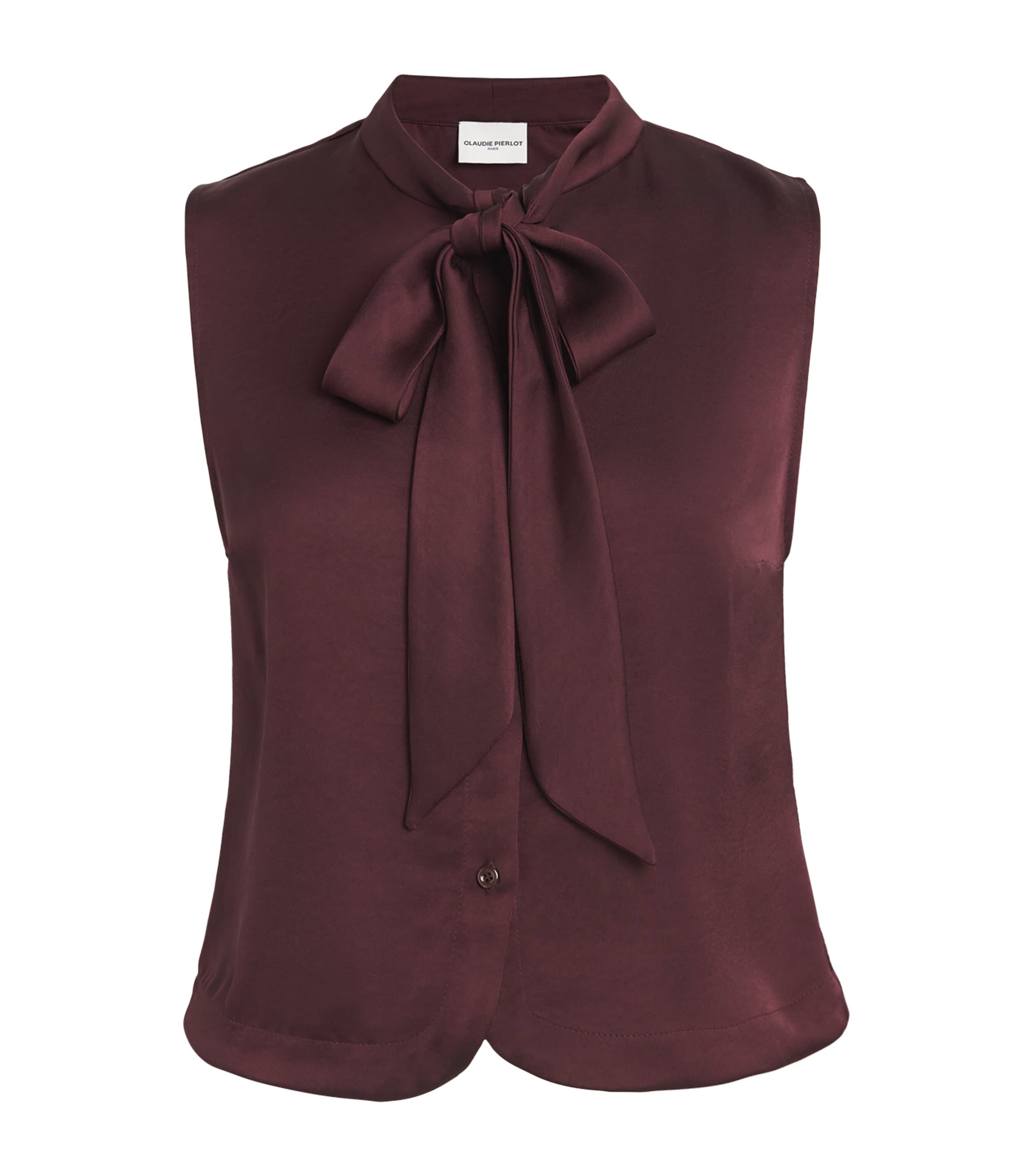 Claudie Pierlot Womens Burgundy Tie-neck Sleeveless Satin Blouse In Brown