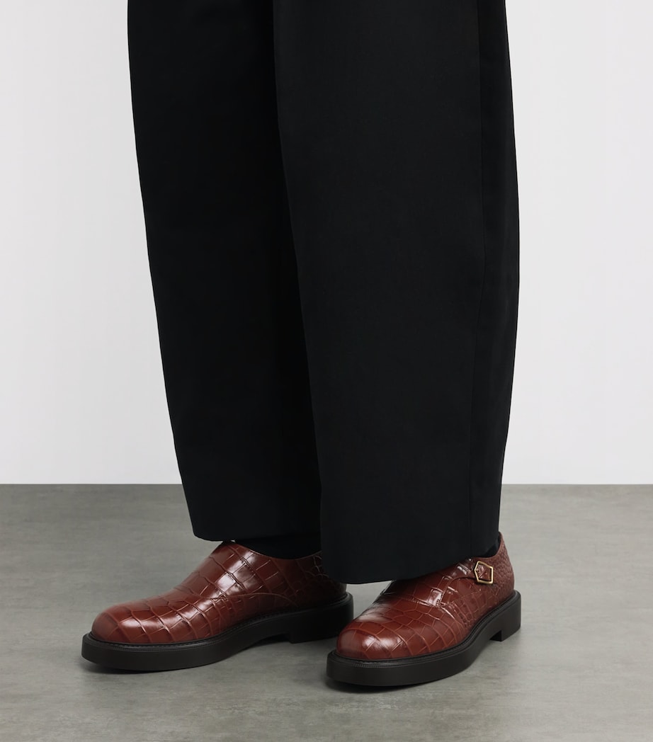 Croc-Embossed Leather Monk Shoes U6289 Image 2