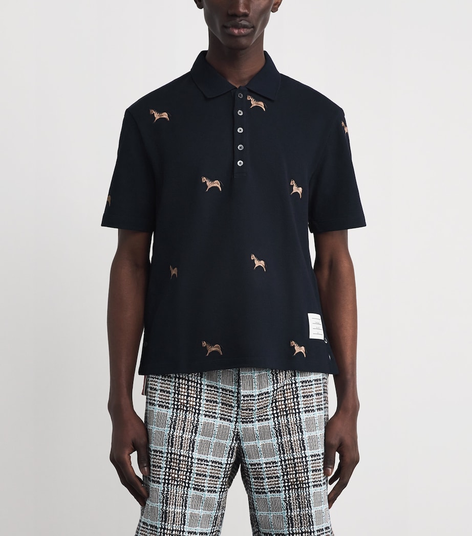 Cotton Horse Embroidered Polo Shirt NAVY Image 3