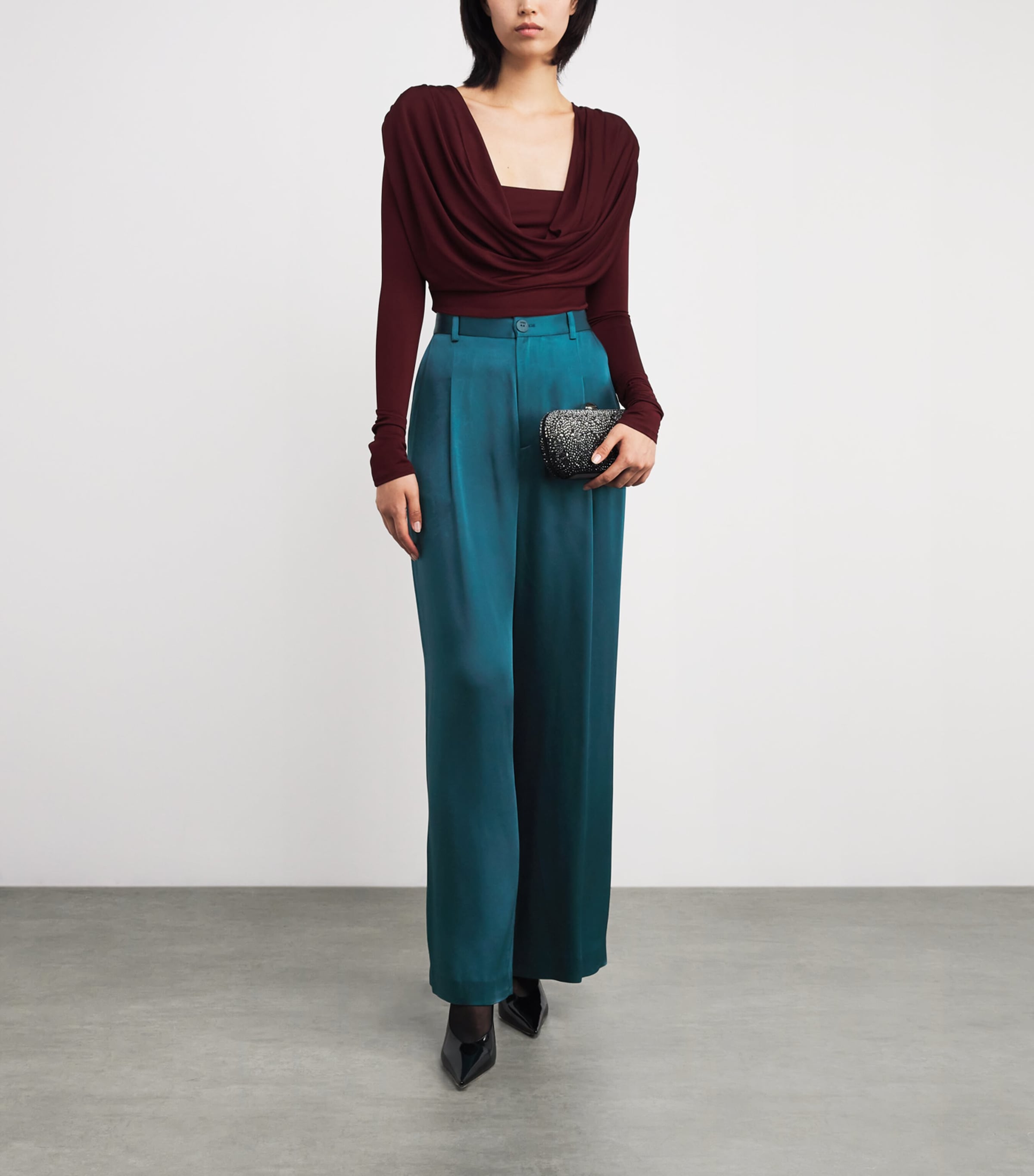 Satin Pleated Wide-Leg Trousers DARK TEAL Image 2