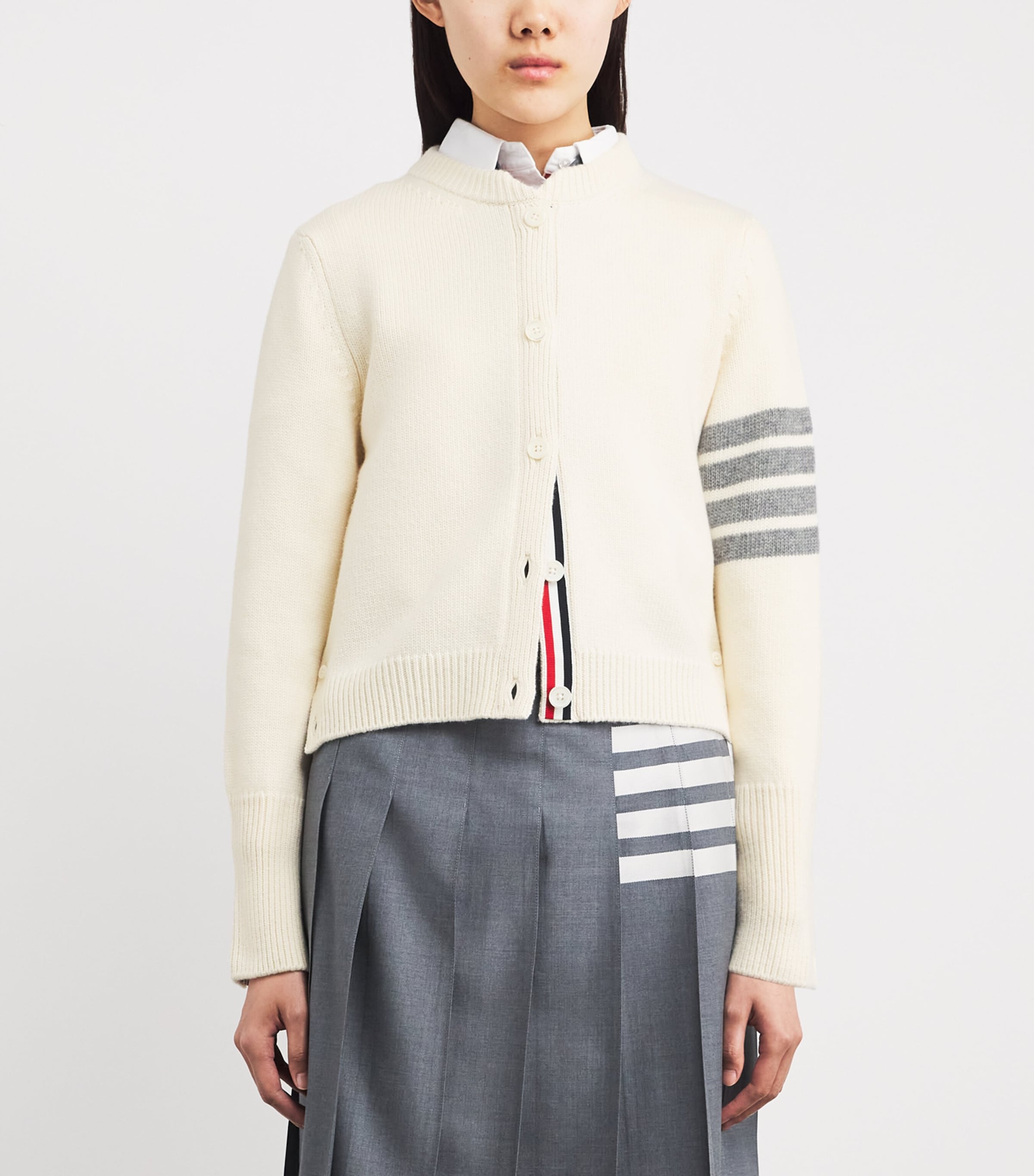 Thom Browne Womens Wool Hector 4-Bar Cardigan White Image 4