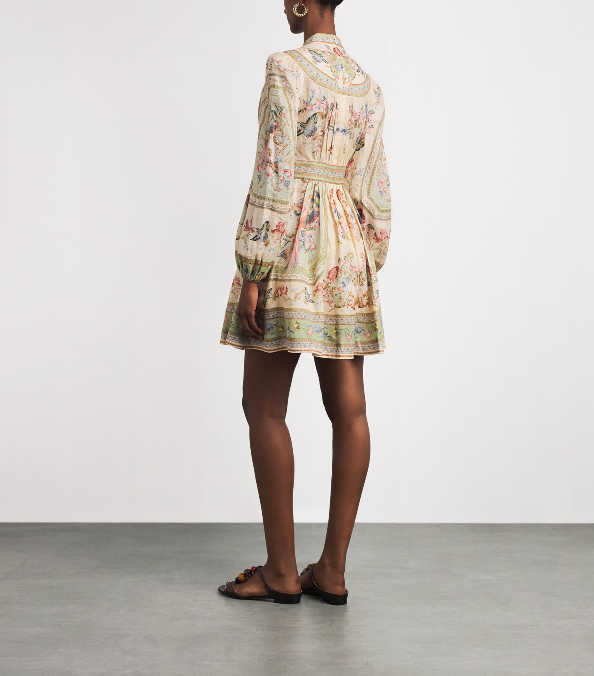 Zimmermann Womens Linen Roselight Plunge Mini Dress Satf Sge Tpstry Flrl Image 4