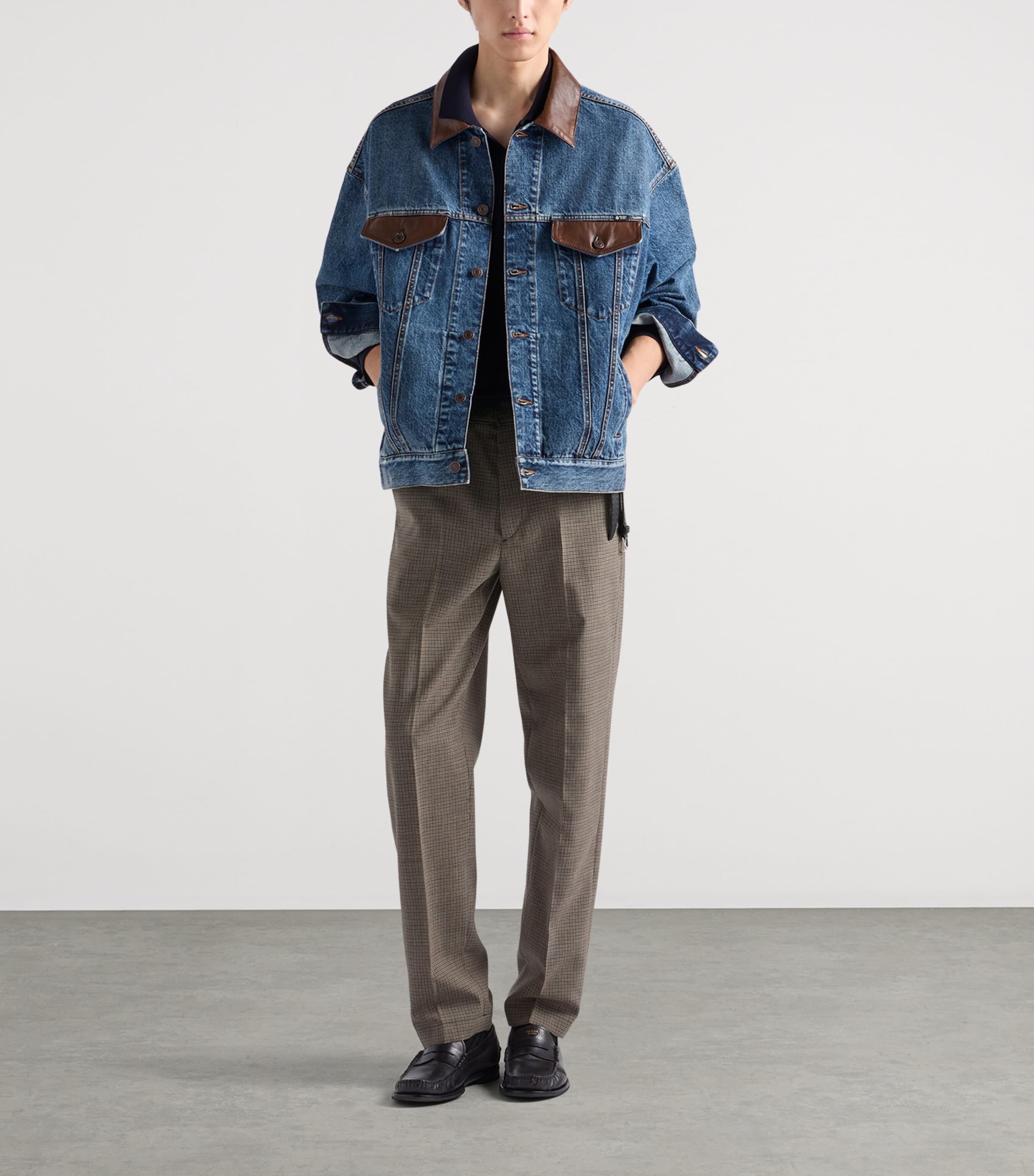 Prada Mens Leather-Collar Denim Jacket Blue Image 2