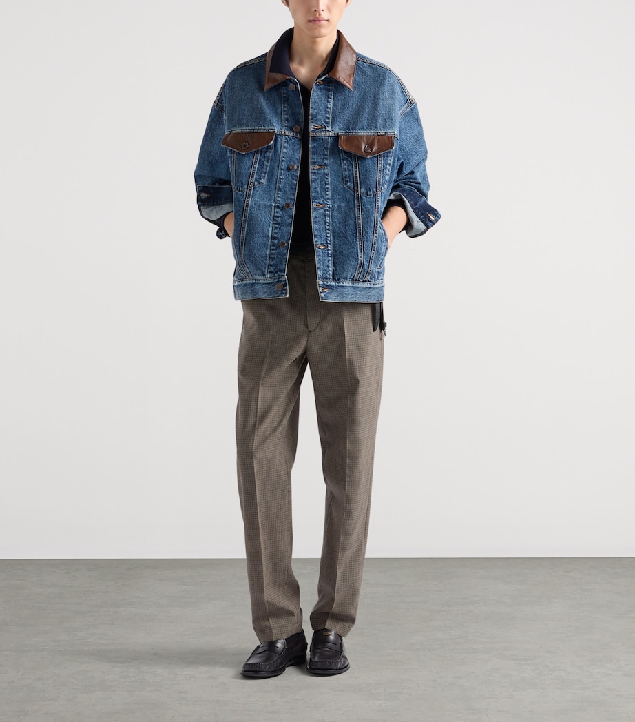 Prada Mens Leather-Collar Denim Jacket Blue Image 2