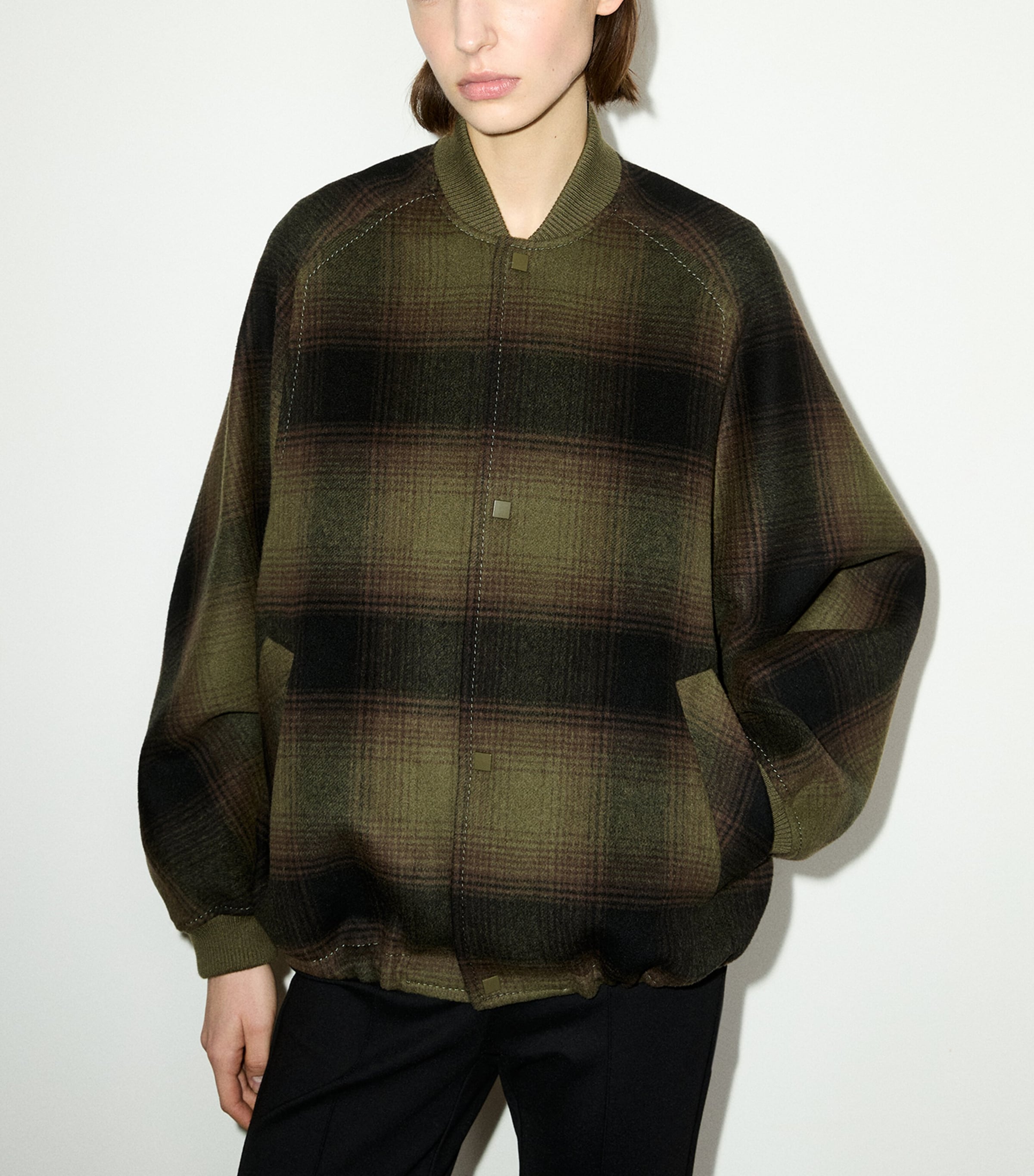 MAX&Co. Womens Virgin Wool Plaid Bomber Jacket Green Image 2