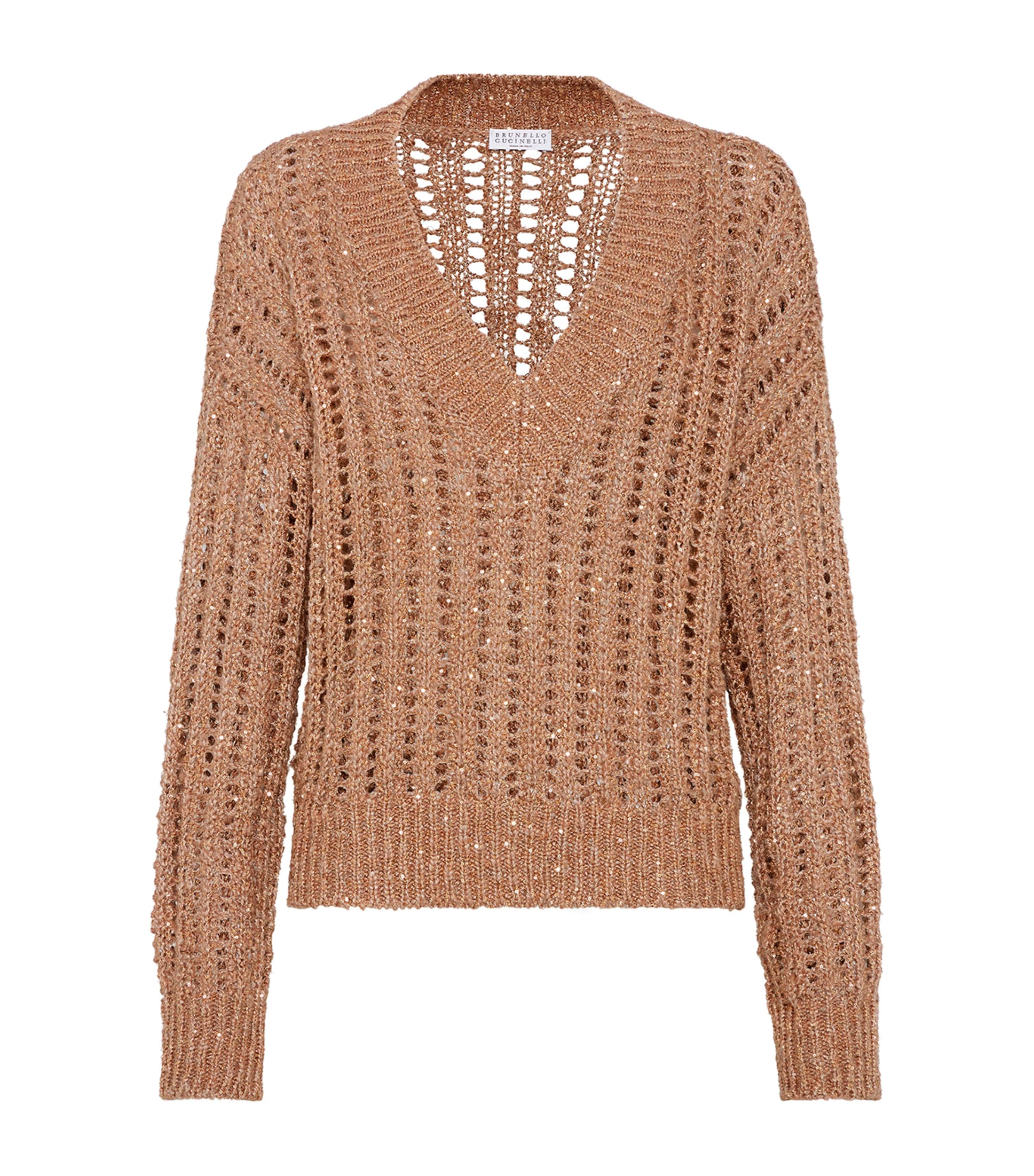 BRUNELLO CUCINELLI SILK-LINEN-BLEND OPEN KNIT SWEATER