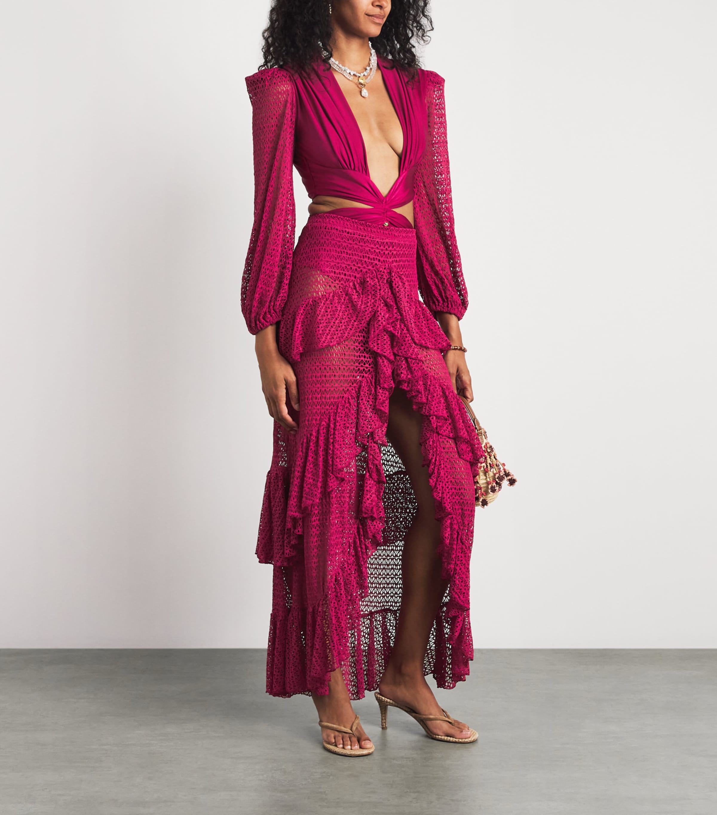 PatBO Womens Crochet Ruffle Maxi Skirt Magenta Image 2