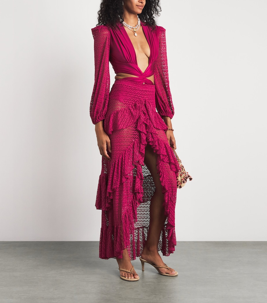 PatBO Womens Crochet Ruffle Maxi Skirt Magenta Image 2