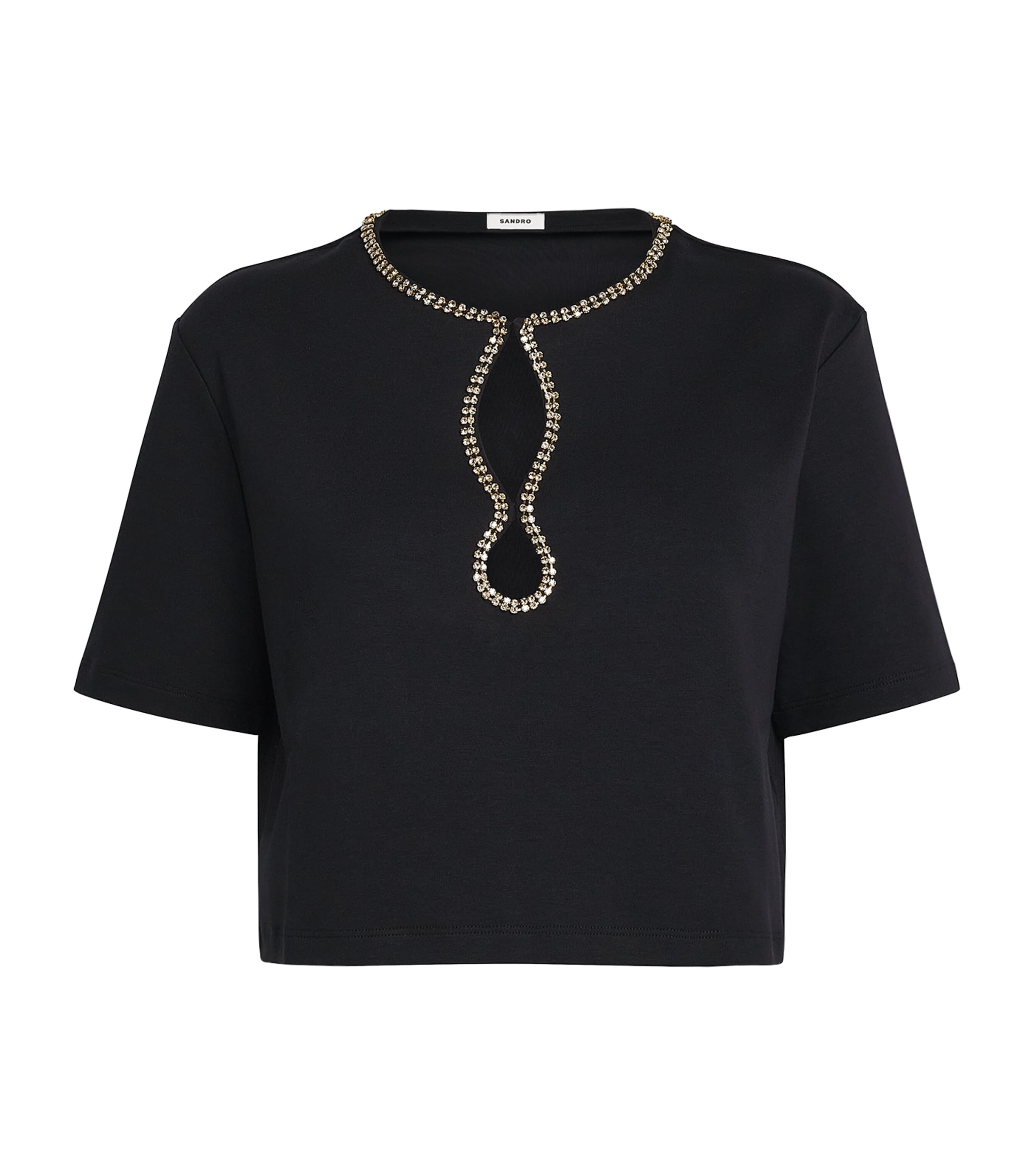 Sandro Paris Womens Rhinestone-Embellished Cropped T-Shirt Black Image 1