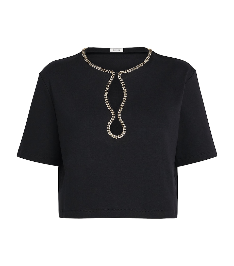 Sandro Paris Womens Rhinestone-Embellished Cropped T-Shirt Black Image 1