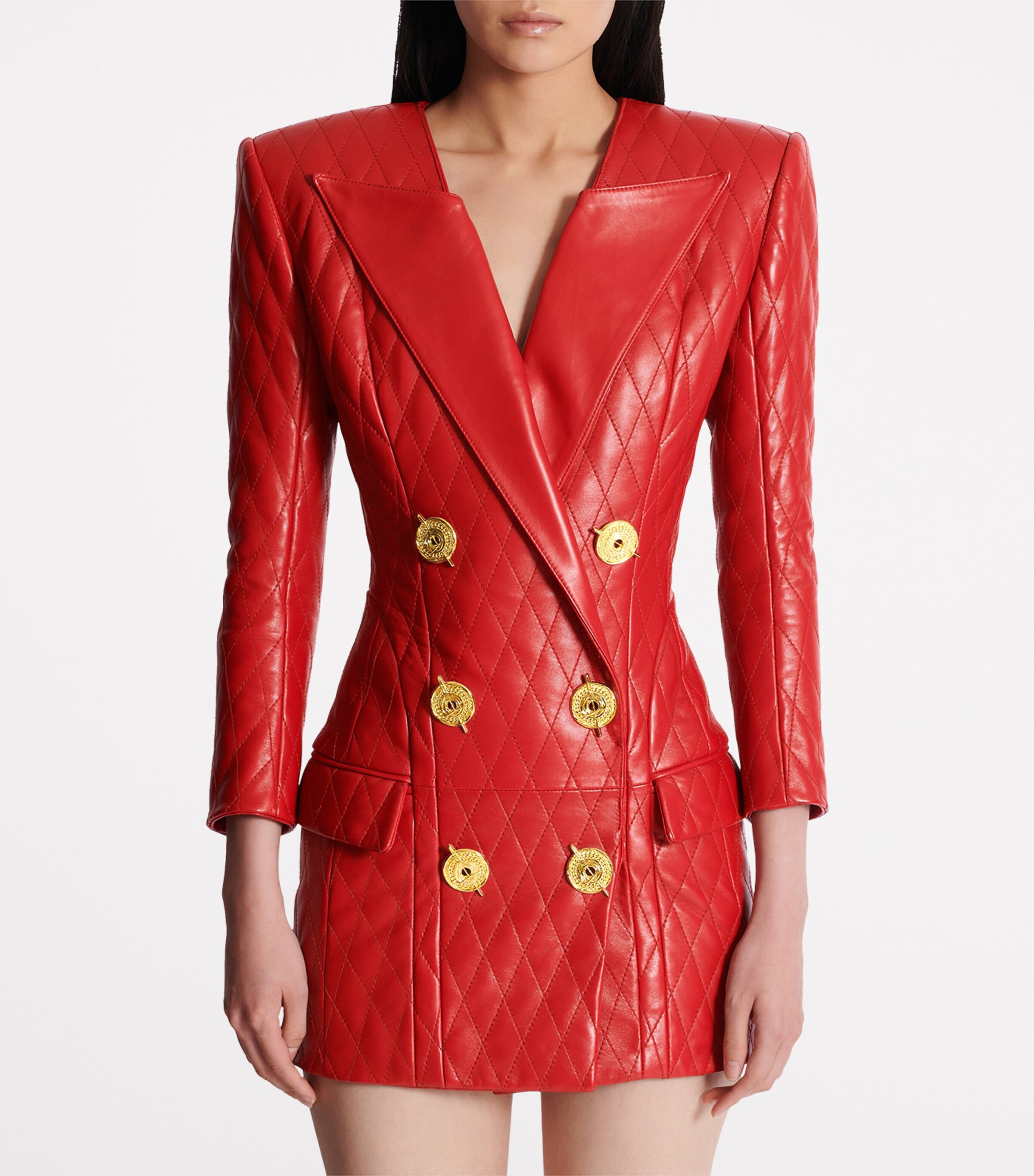Balmain Womens Leather Quilted Mini Dress Rouge Image 4