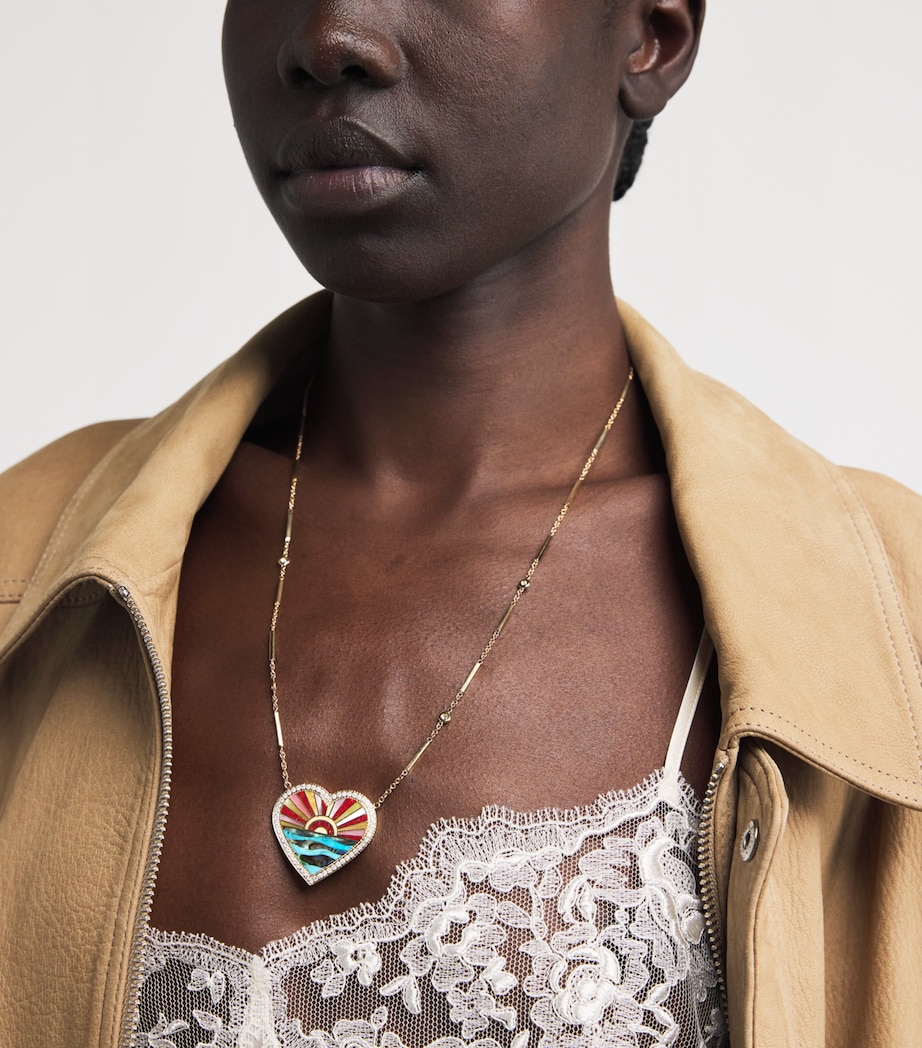 Yellow Gold, Diamond, Turquoise and Pearl Coral Sunshine Heart Necklace YELLOW GOLD Image 2