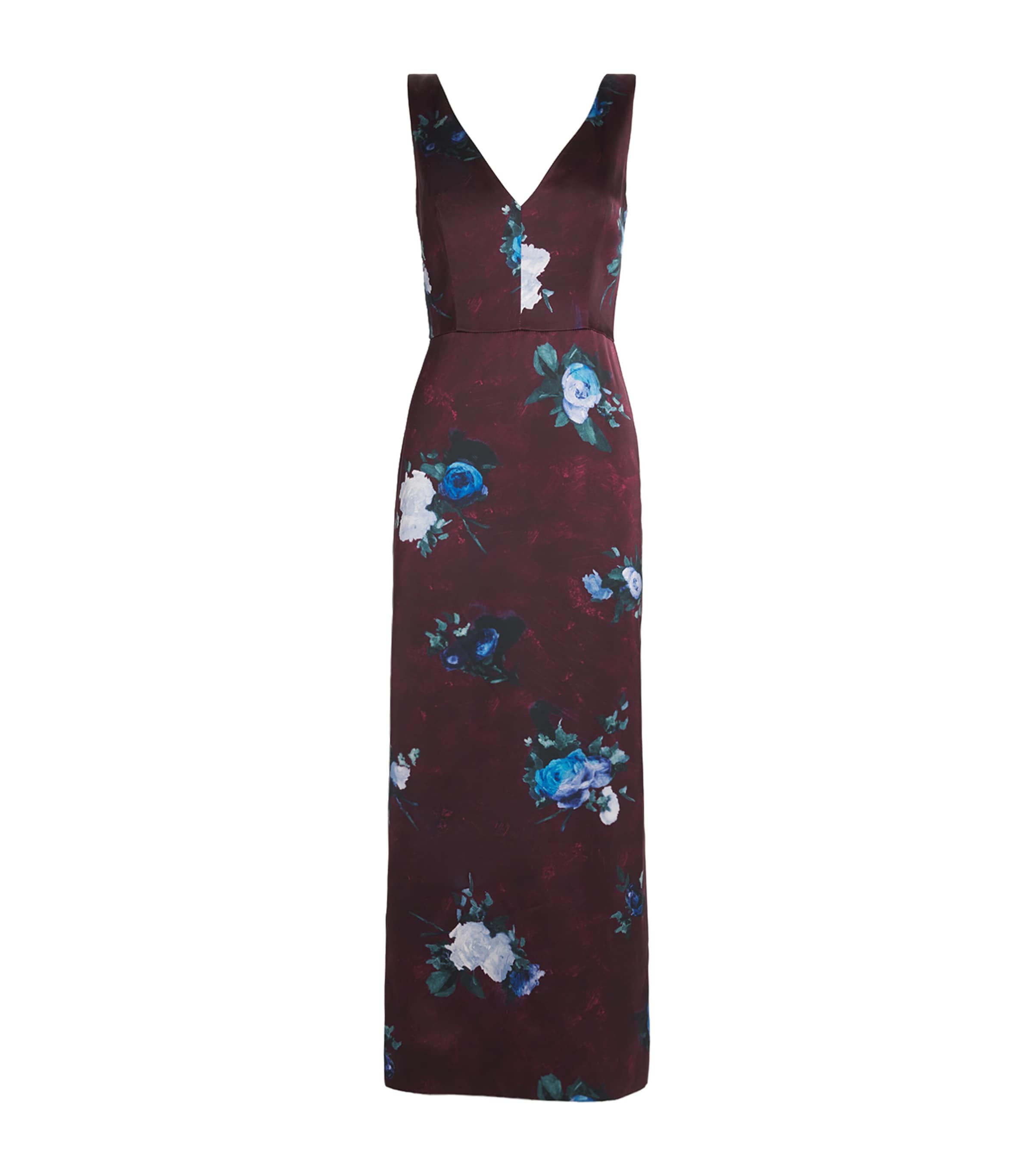 Erdem Satin Floral Cocktail Midi Dress In Burgundy