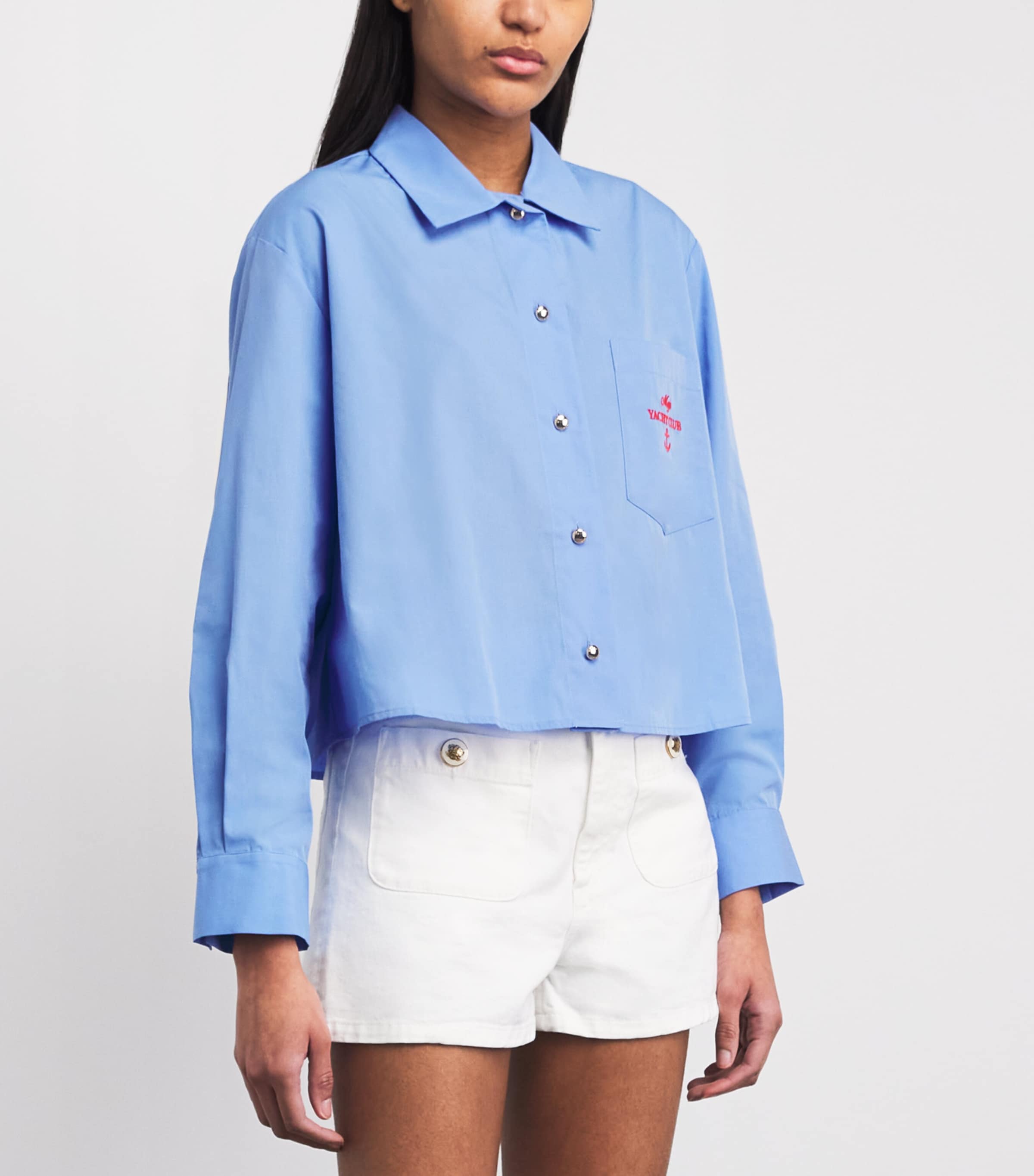 Maje Womens Embroidered Pleated Shirt Blue Image 4