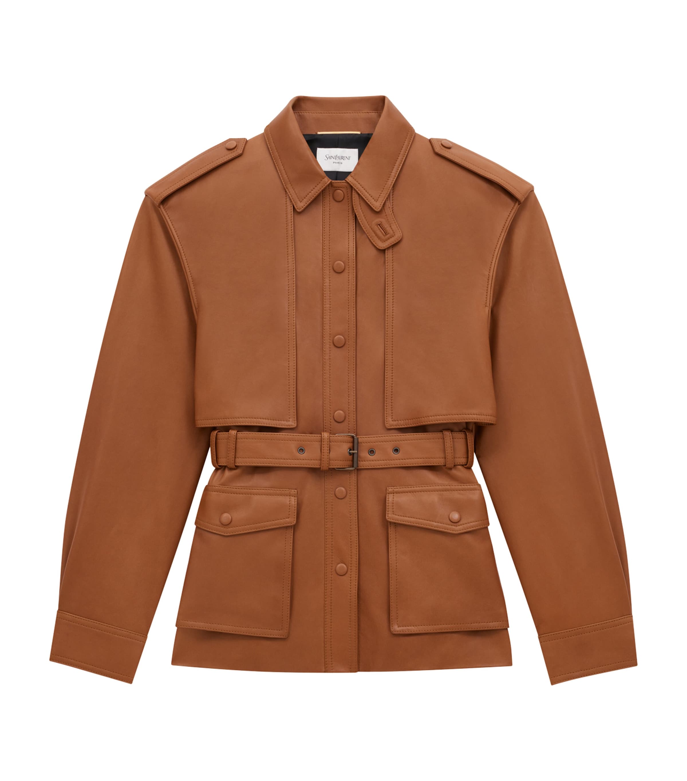 Saint Laurent Lapel Long-sleeved Leather Jacket In Brown