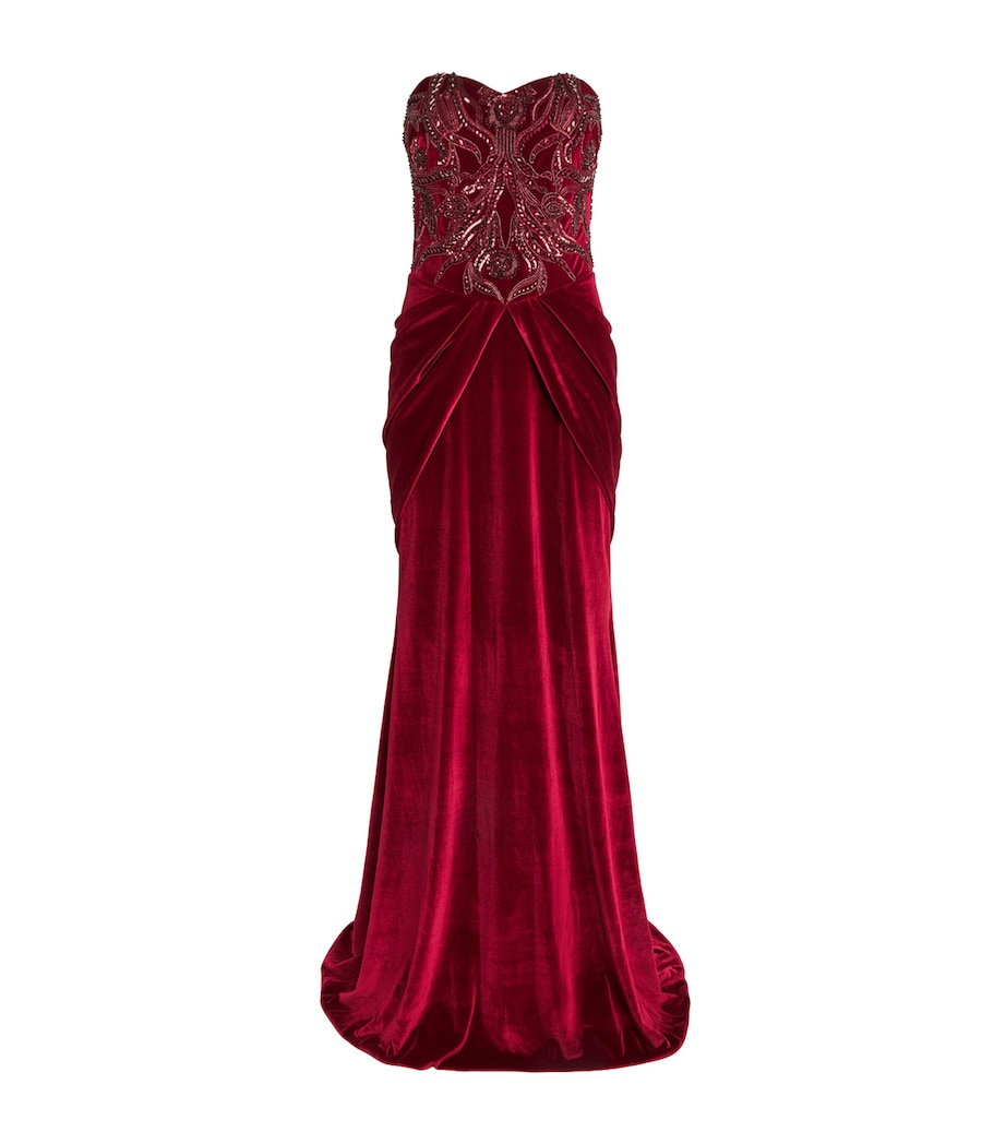 Pamella Roland Womens Velvet Bead and Sequin Strapless Gown Scarlet Image 1