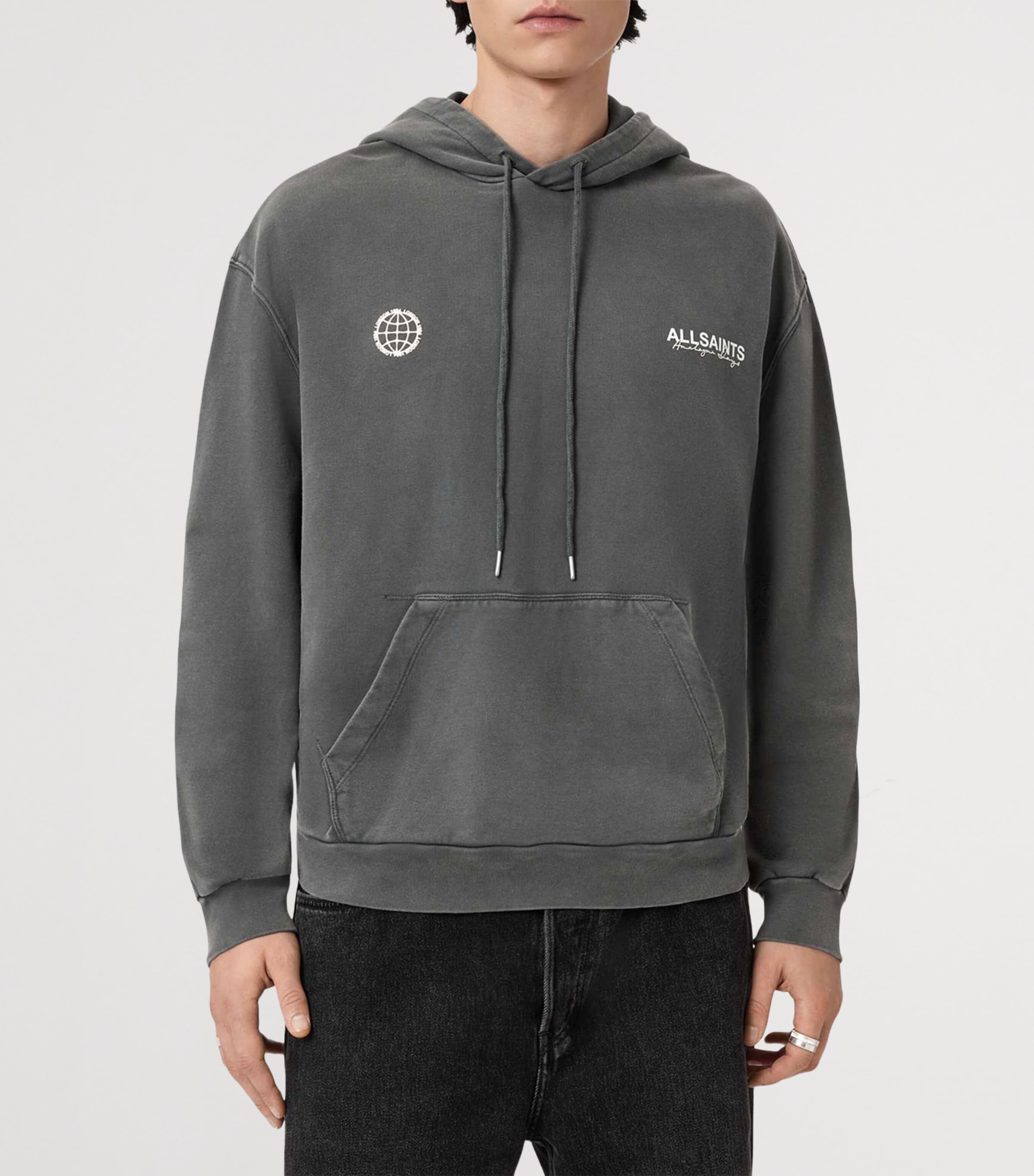 AllSaints Mens Organic Cotton Emblem Hoodie Washed Black Image 3