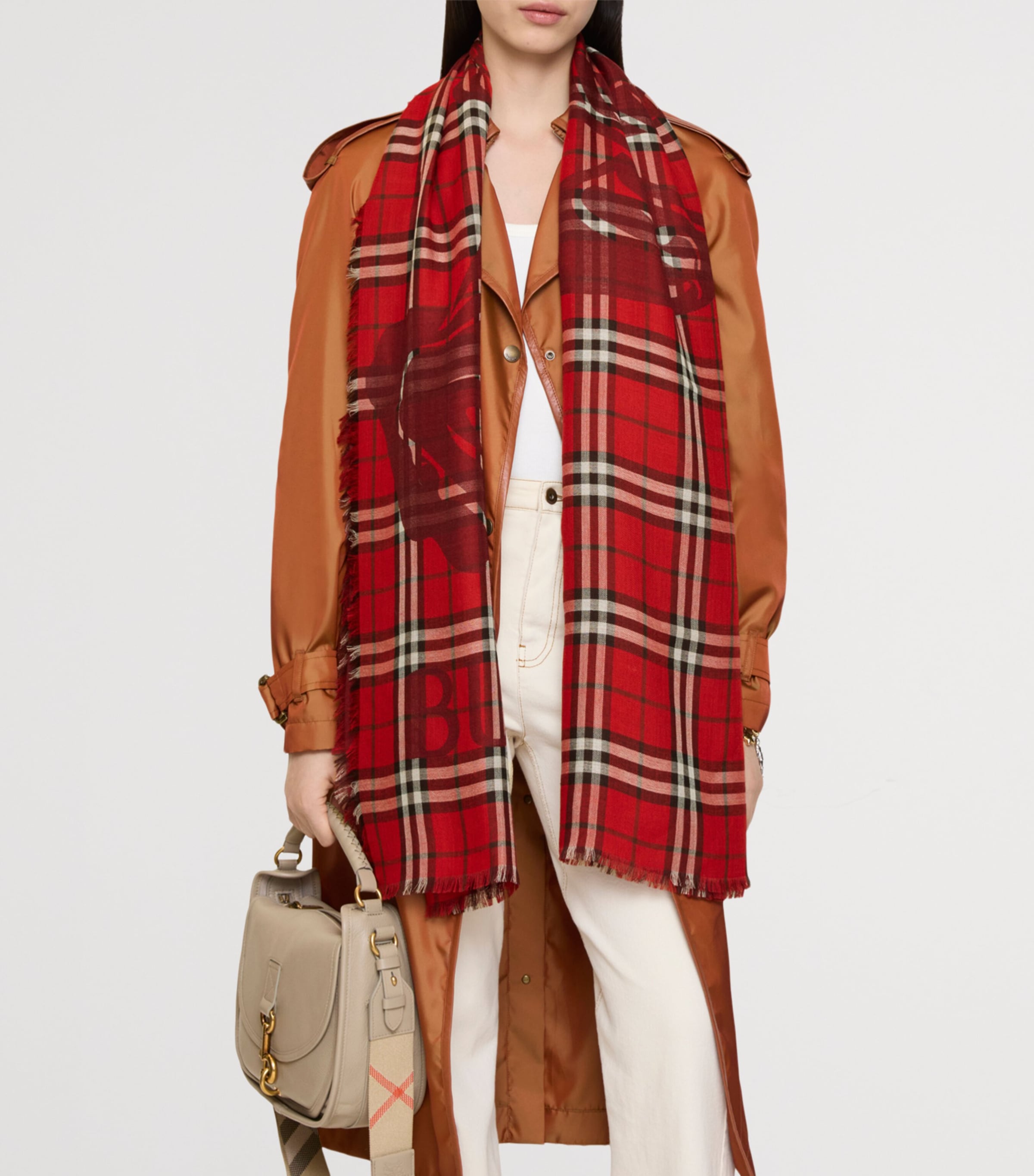 Wool-Silk Wide EKD Check Scarf POST RED Image 4