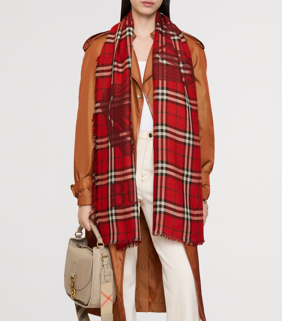 Wool-Silk Wide EKD Check Scarf POST RED Image 4