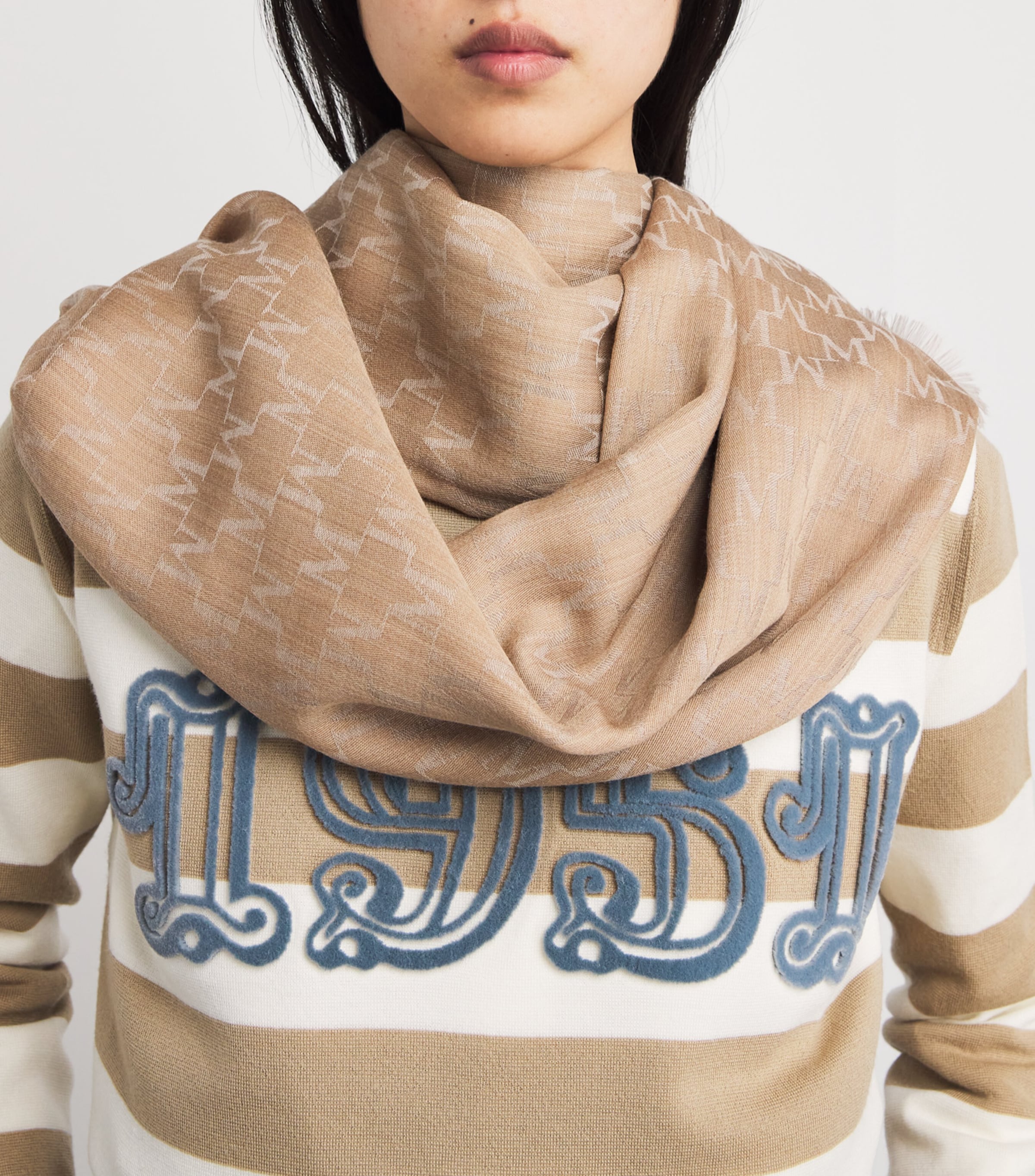 Virgin Wool Monogram Stole Scarf CAMEL Image 2