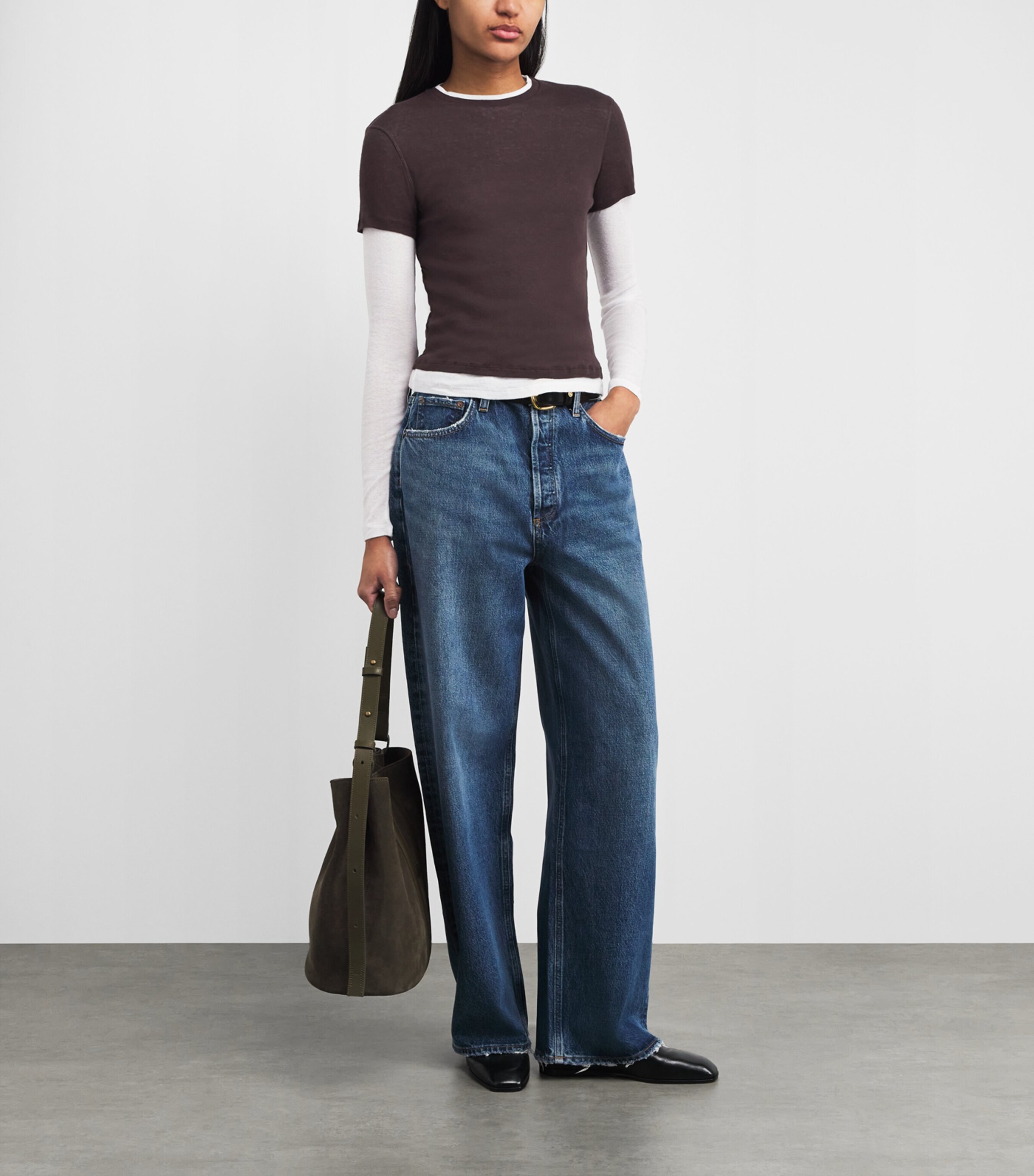 ME+EM Womens Cotton Double-Layer Top Chocolate/ White Image 2