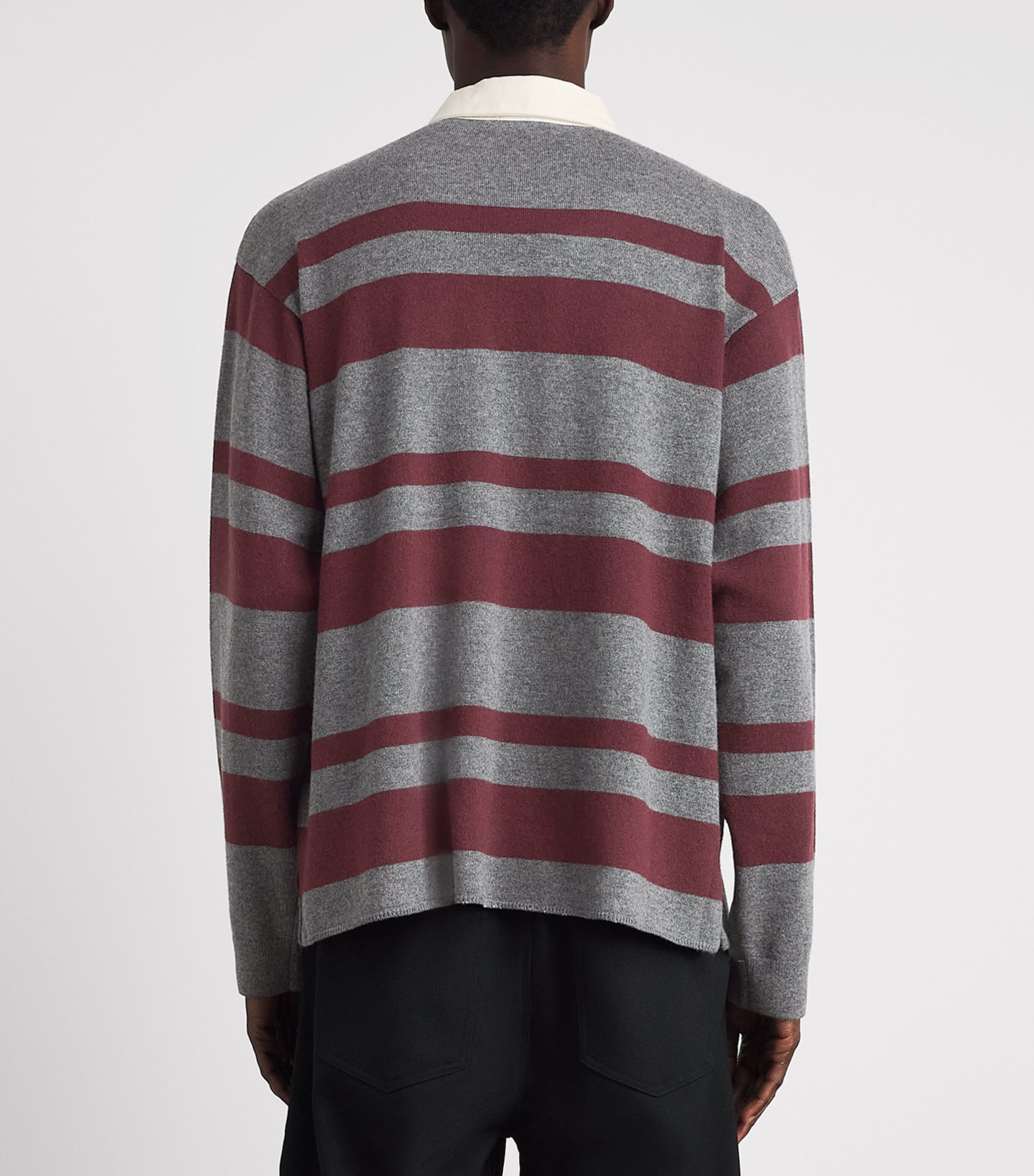 FRAME Mens Merino Wool-Cashmere Stripe Rugby Polo Shirt Gbst Grey/brgnd Strp Image 5