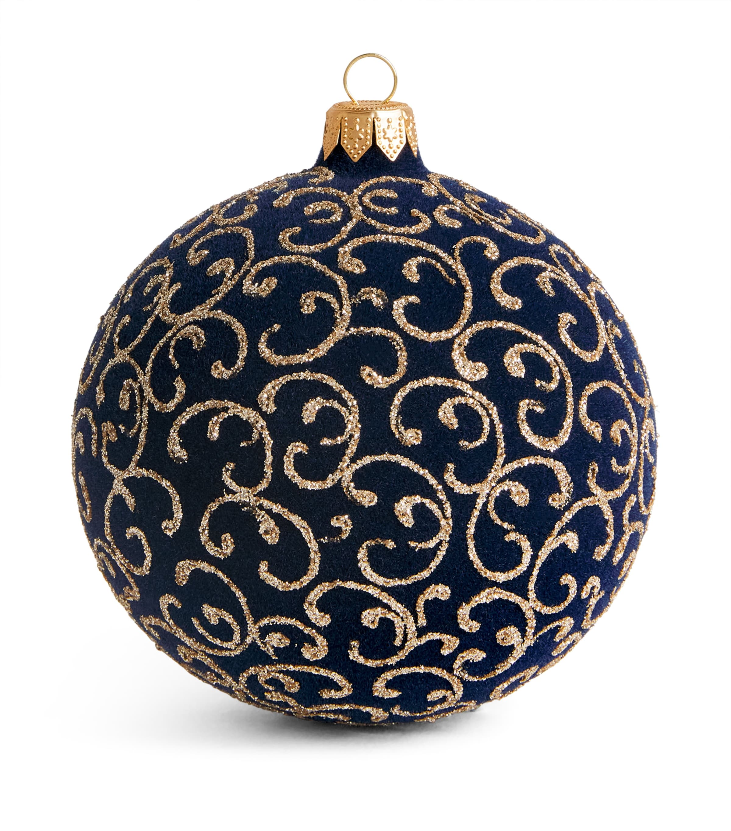 Harrods Velvet Glitter Swirl Bauble Navy Blue Velvet Image 1