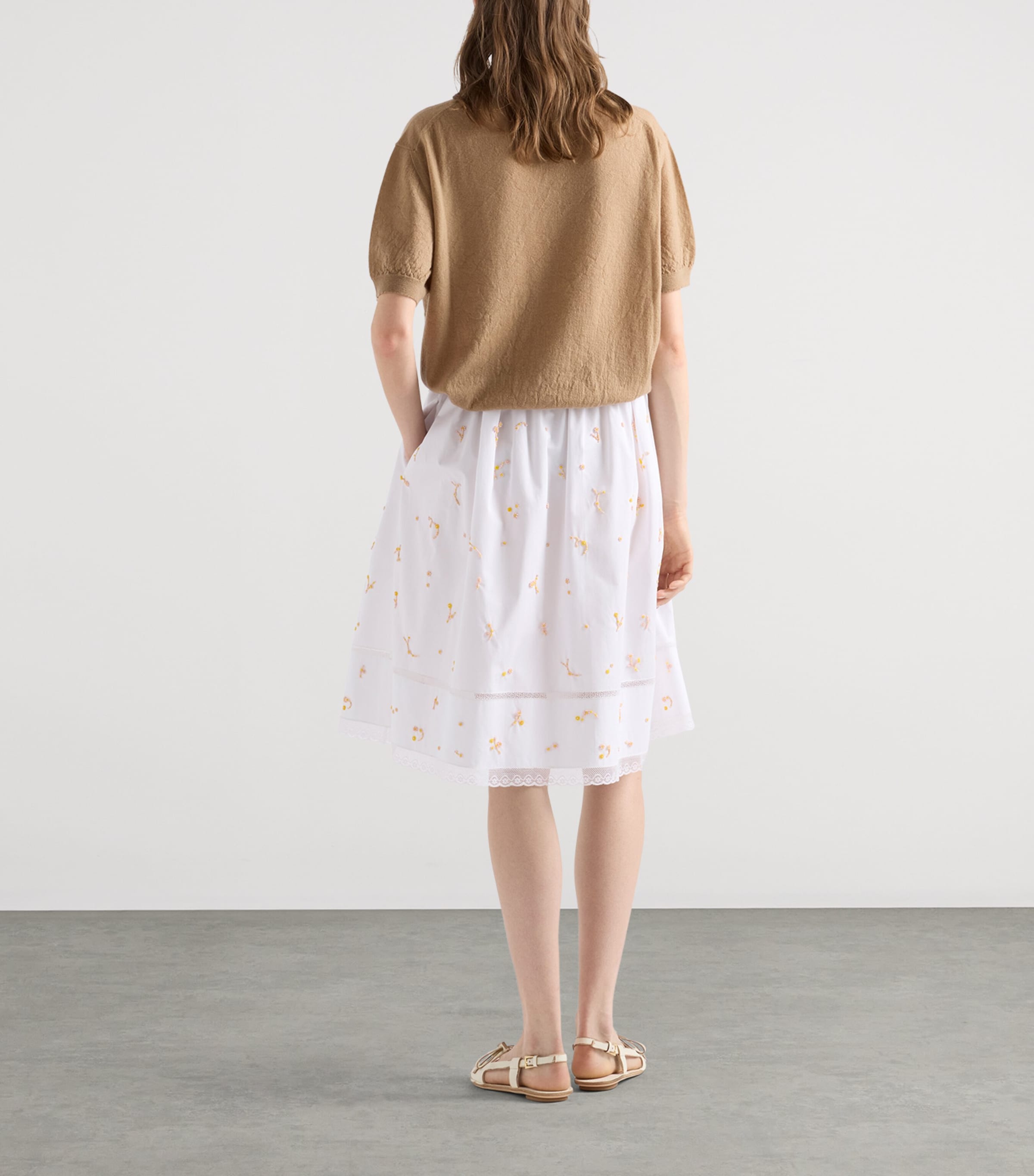 Prada Womens Cotton Poplin Embroidered Midi Skirt White Image 5