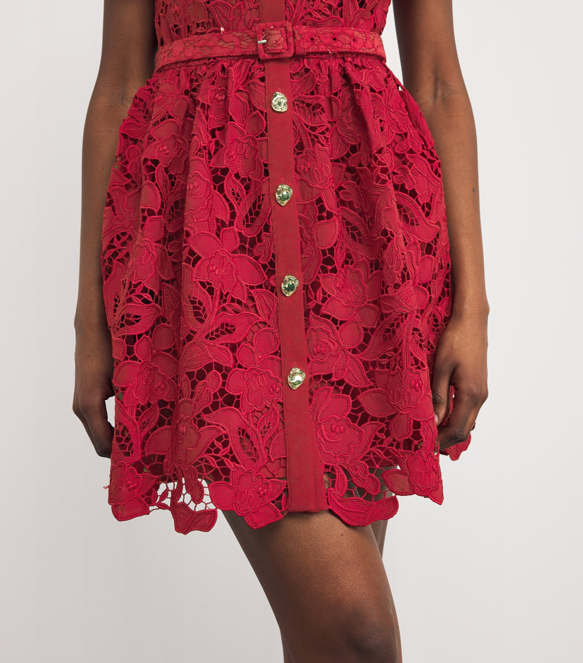 ワンピース SELF PORTRAIT LACE DRESS WITH BELT SELF-PORTRAIT Belted velvet-trimmed corded lace midi dress