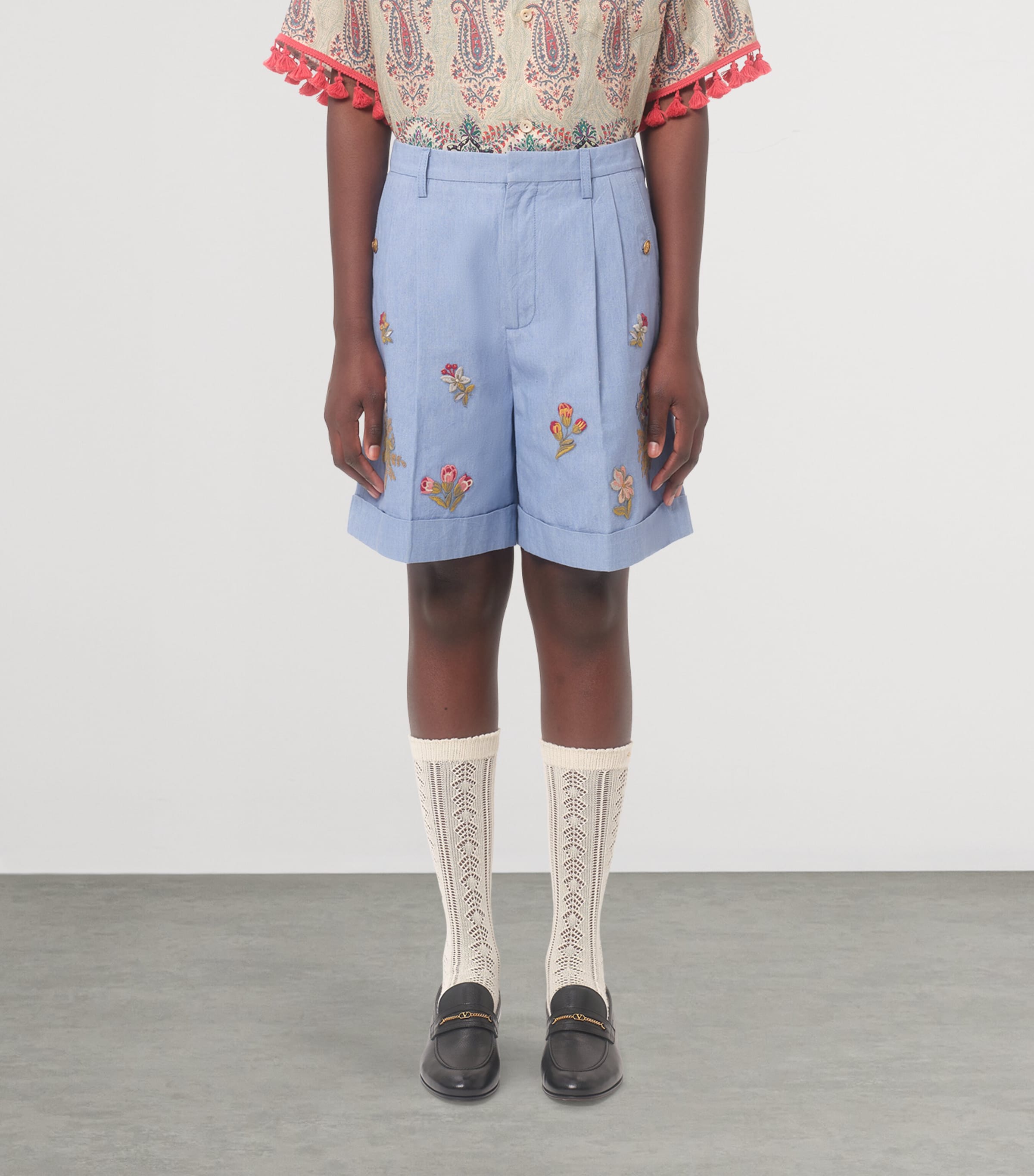 Denim Embroidered Tailored Shorts 508 Image 2