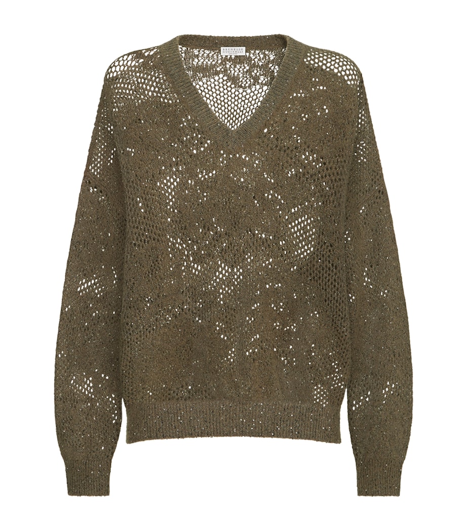 Brunello Cucinelli Womens Open-Work Embellished Sweater Militare Image 1