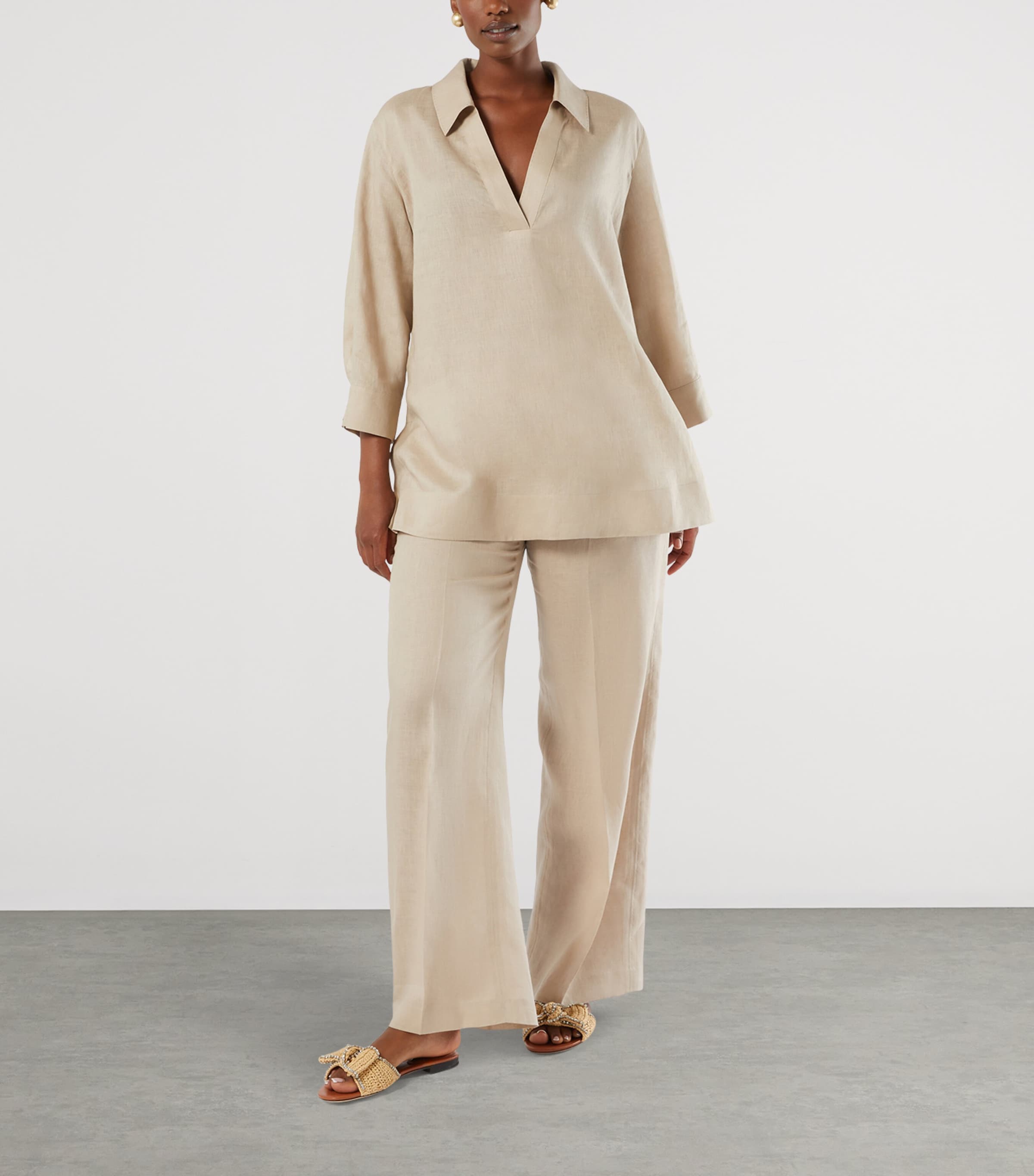 Marina Rinaldi Womens Linen Wide-Leg Trousers Beige Image 2
