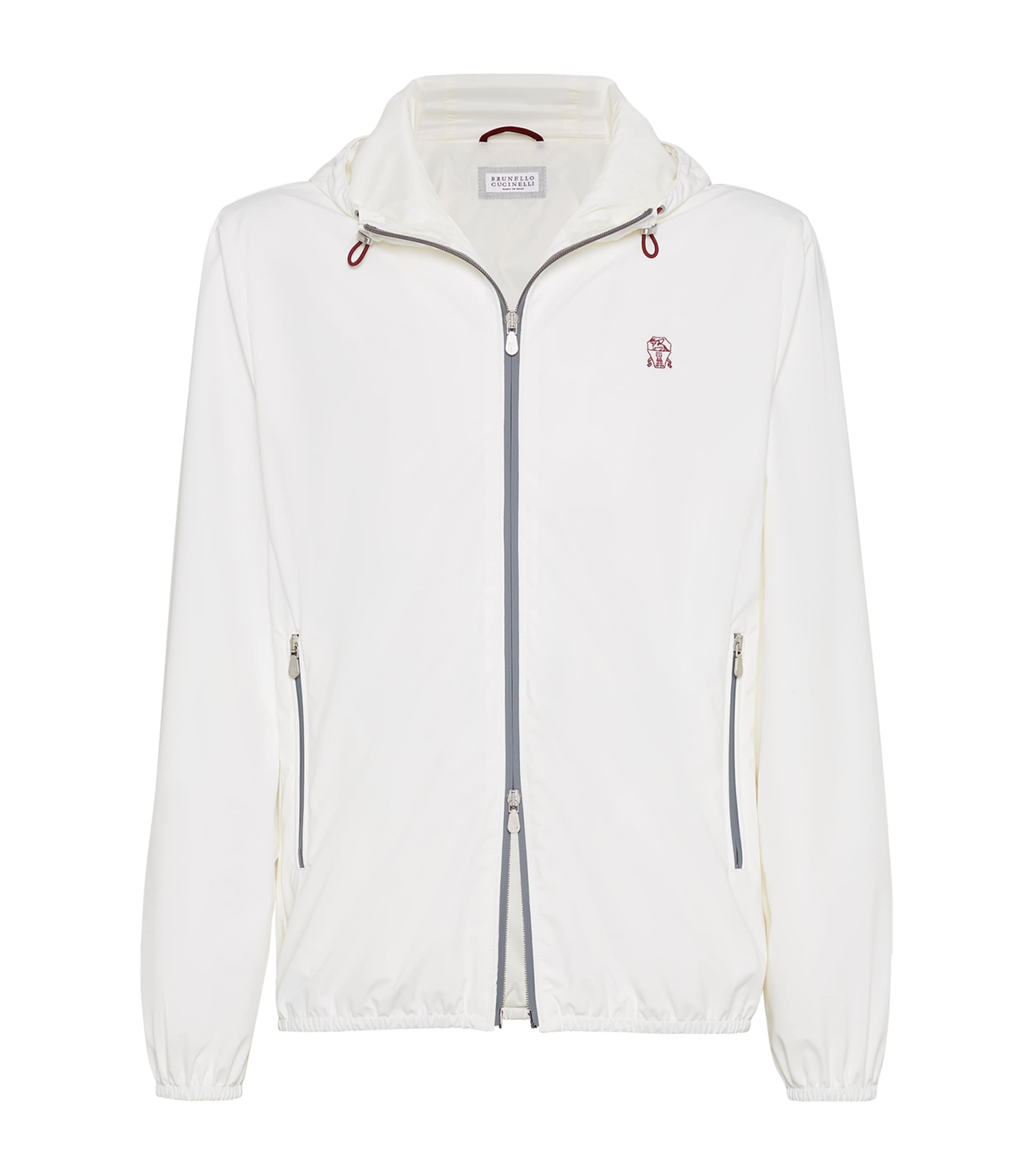 Brunello Cucinelli Men Bonded Nylon Hooded Outerwear Jacket With Logo In White