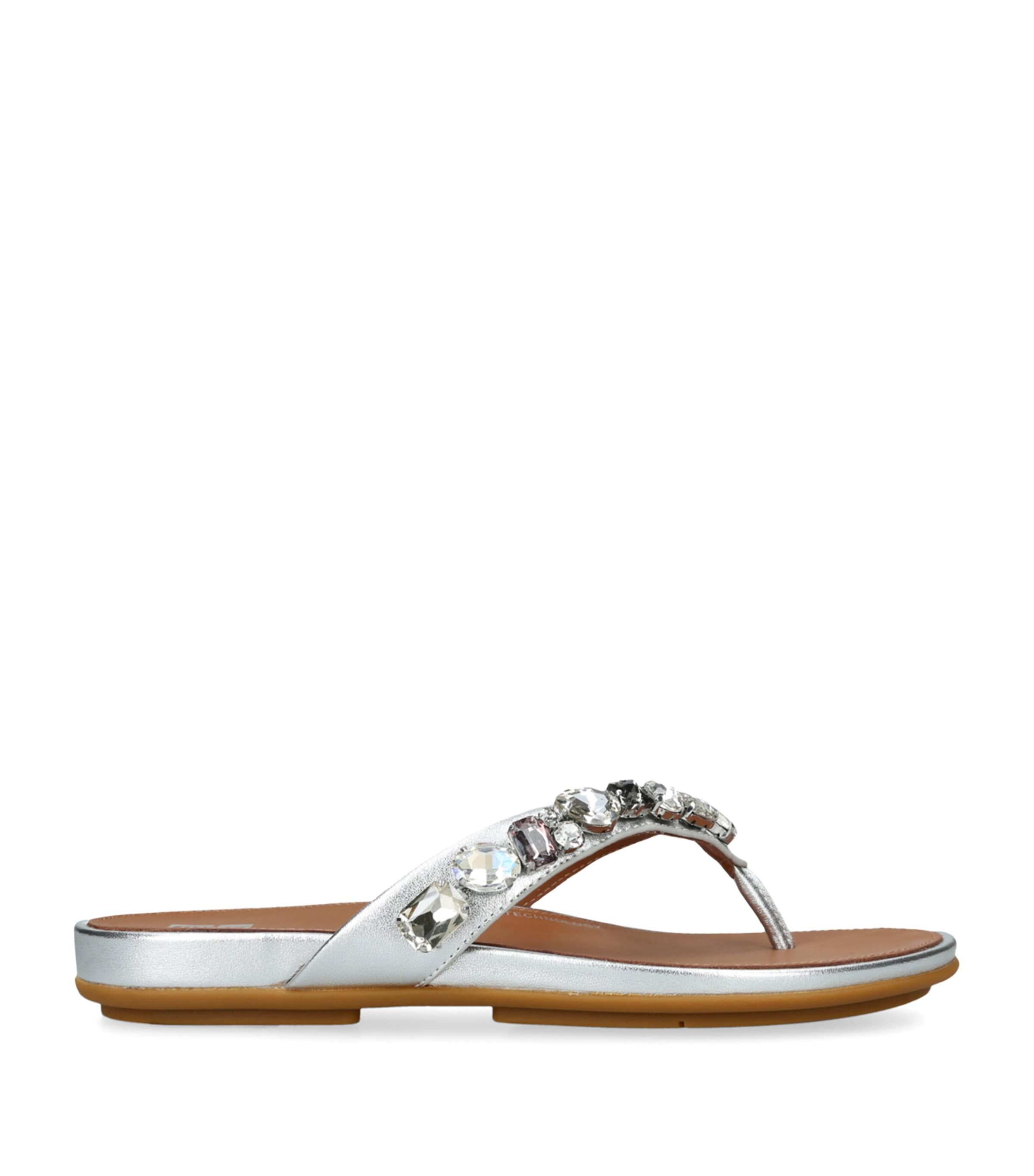 Fitflop Leather Embellished Gracie Flip Flops In Silver