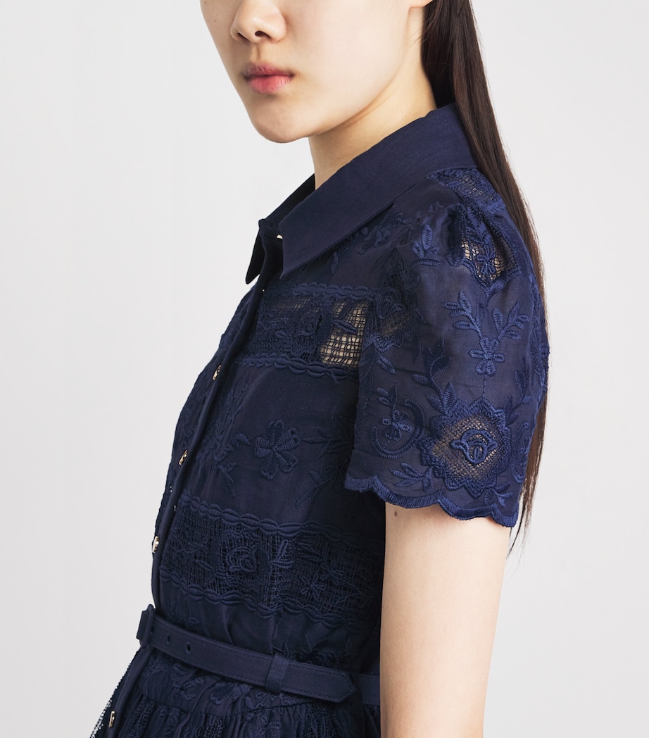 Self-Portrait Womens Ramie Embroidered Midi Shirt Dress Navy Image 3