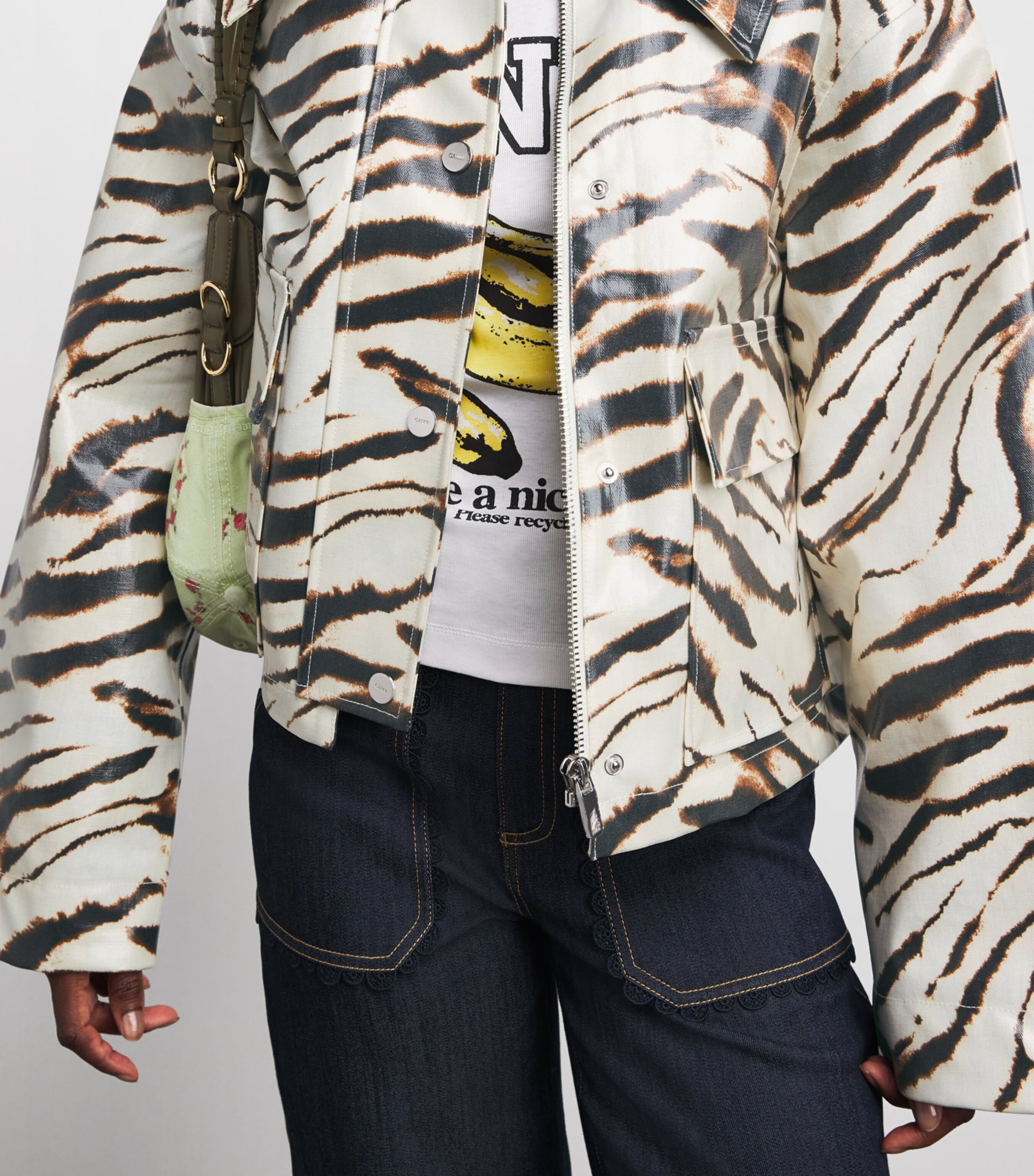 GANNI Womens Laminated Zebra Jacket Egret Image 3