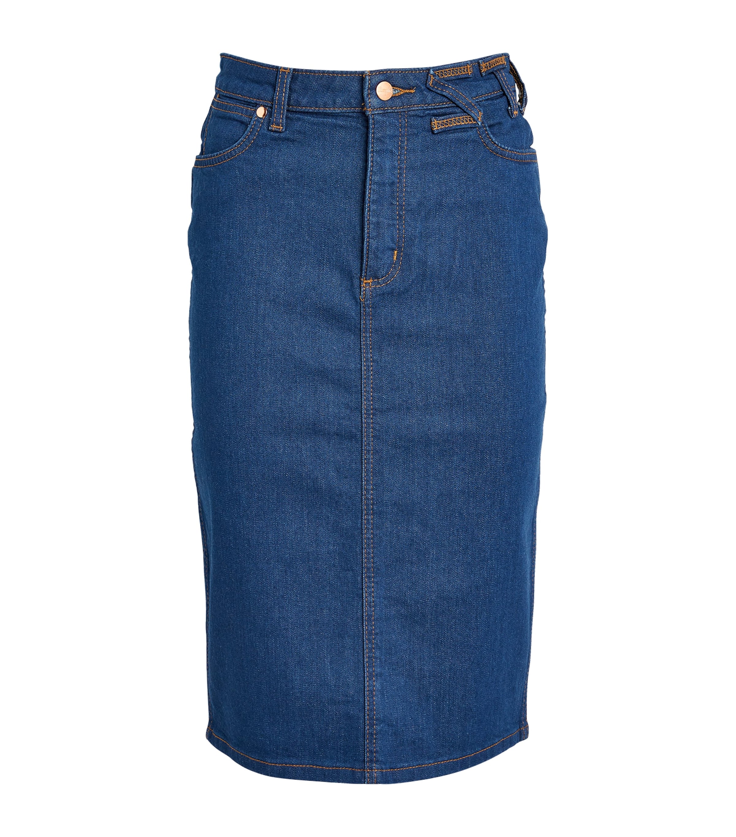 Shop Staud X Wrangler Denim Pencil Midi Skirt In Blue