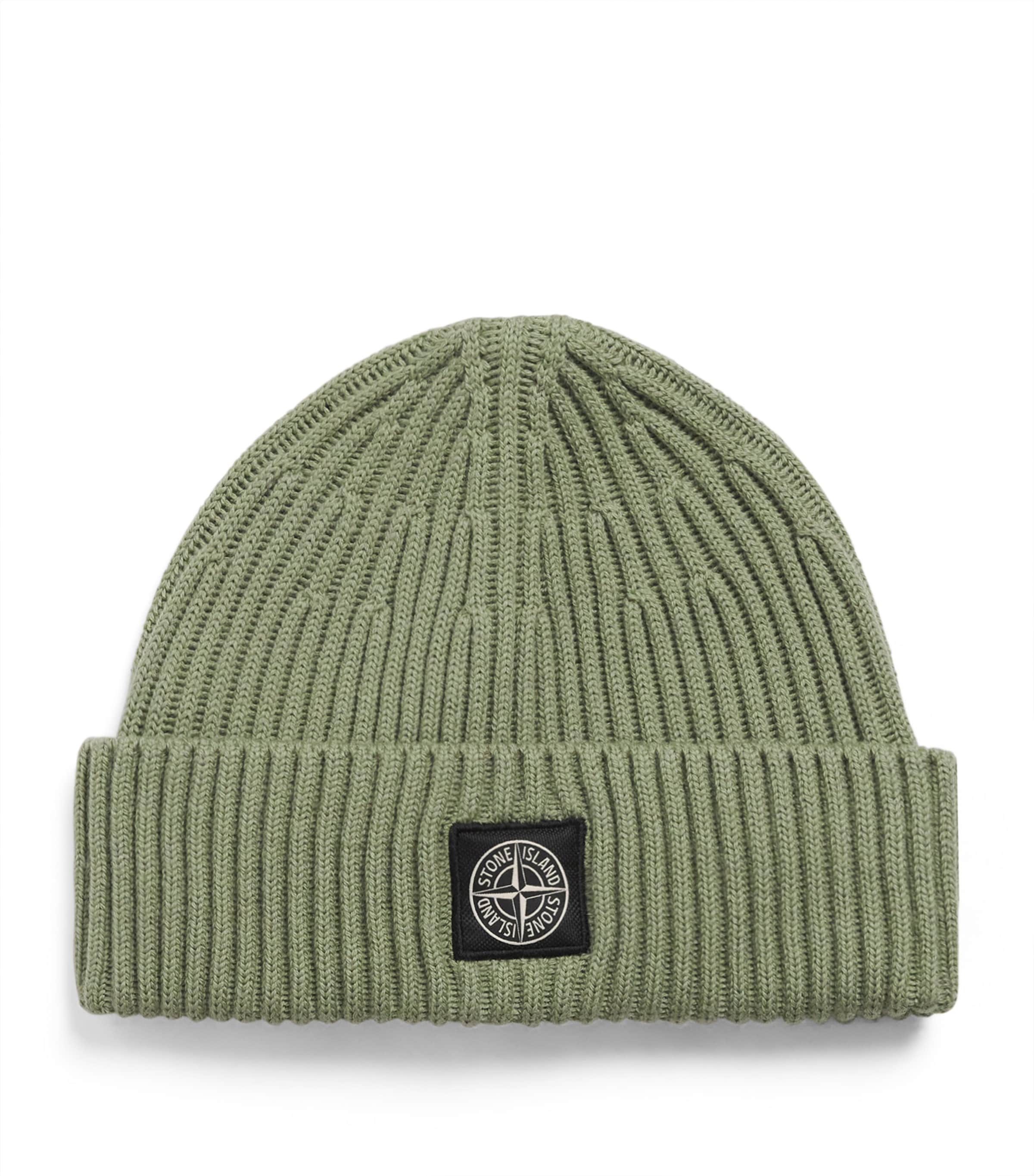 Stone Island Virgin Wool Ribbed Beanie In Green