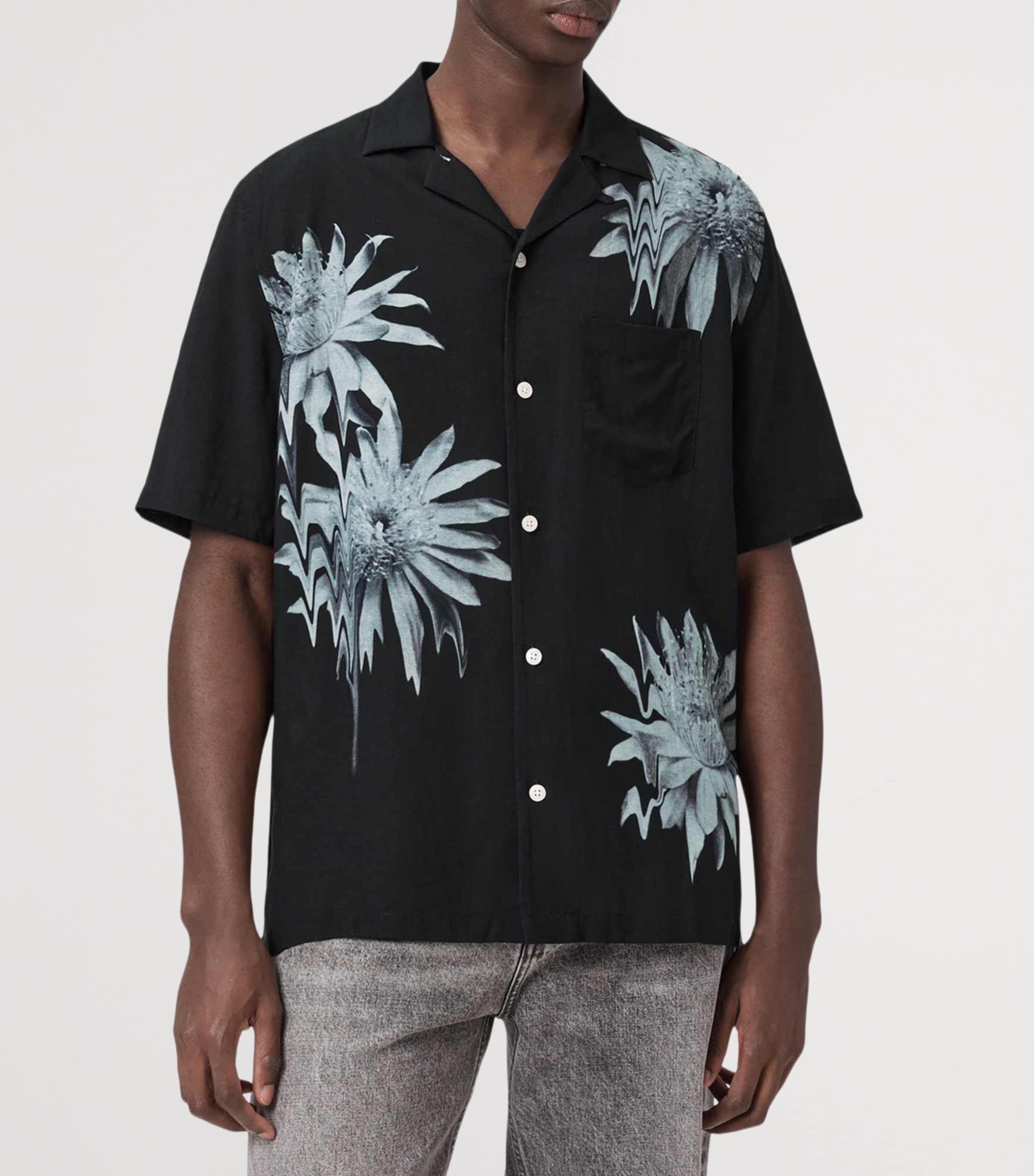 AllSaints Mens Printed Floraze Short-Sleeve Shirt Jet Black Image 3