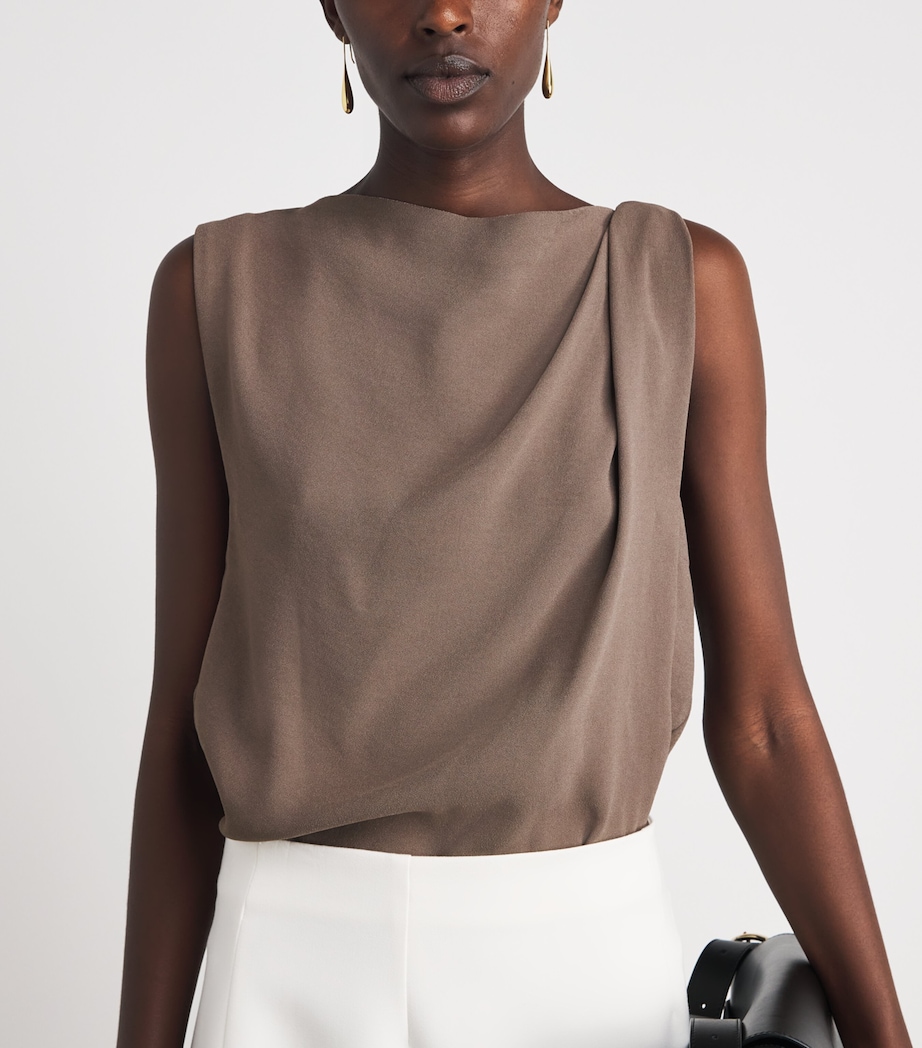 Vince Womens Crepe Draped-Shoulder Top Taupe Haze Image 3