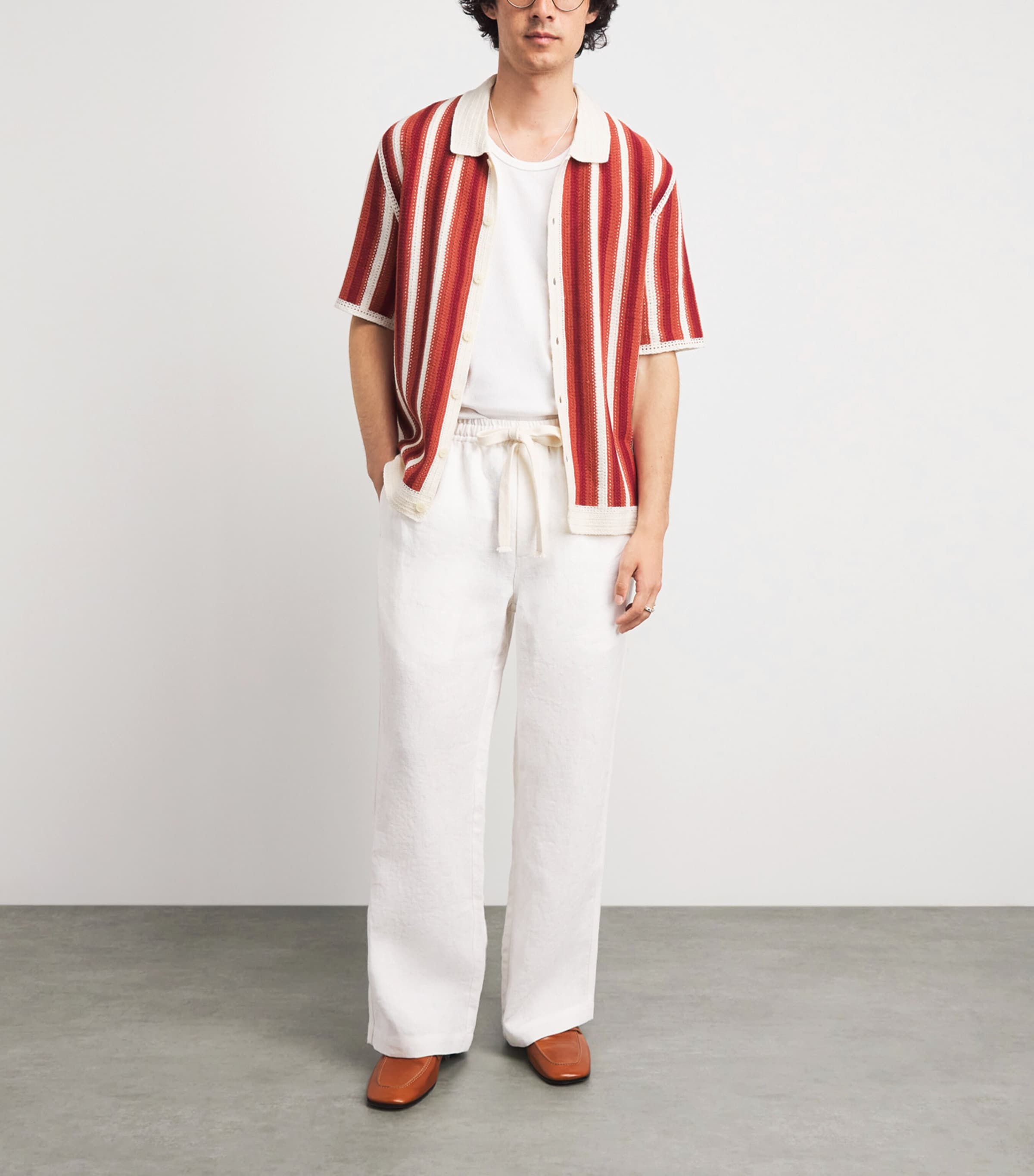 Wax London Mens Crochet Stripe Shirt Ecru / Orange Image 2