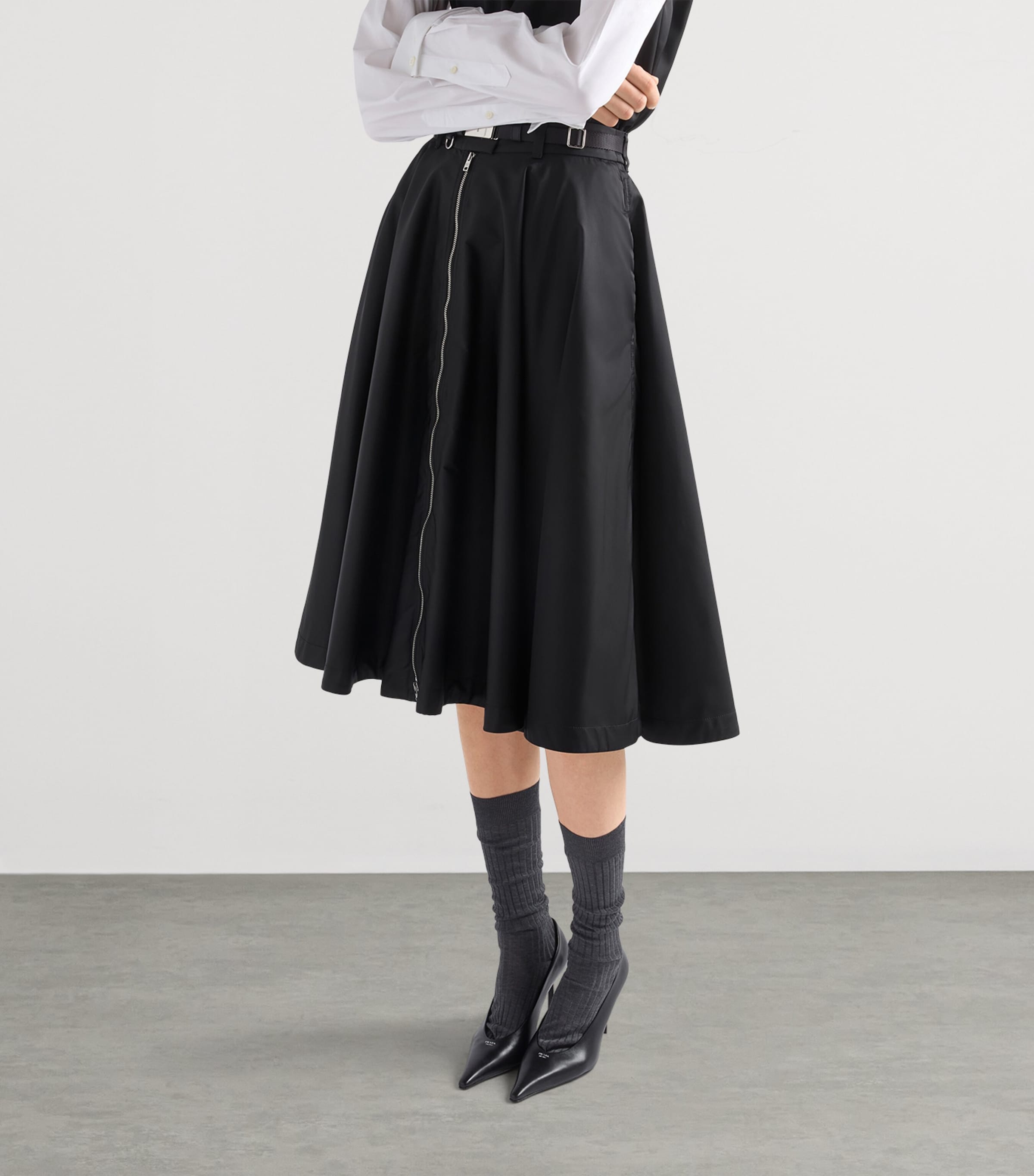 Prada Womens Re-Nylon Belted Zip-Front Midi Skirt Black Image 4