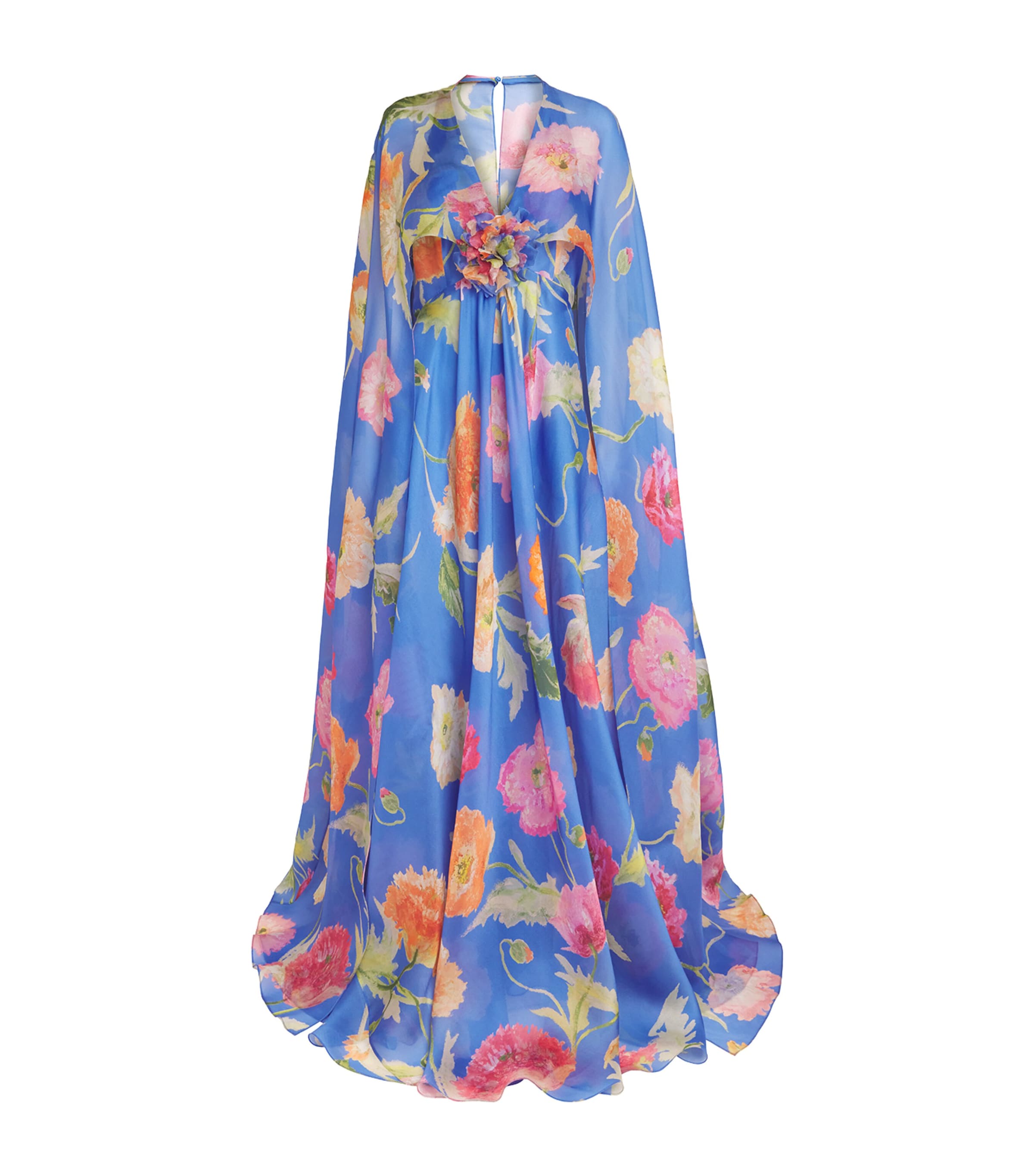 Carolina Herrera Womens Silk Organza Floral Cape Gown Bluebell Multi Image 1