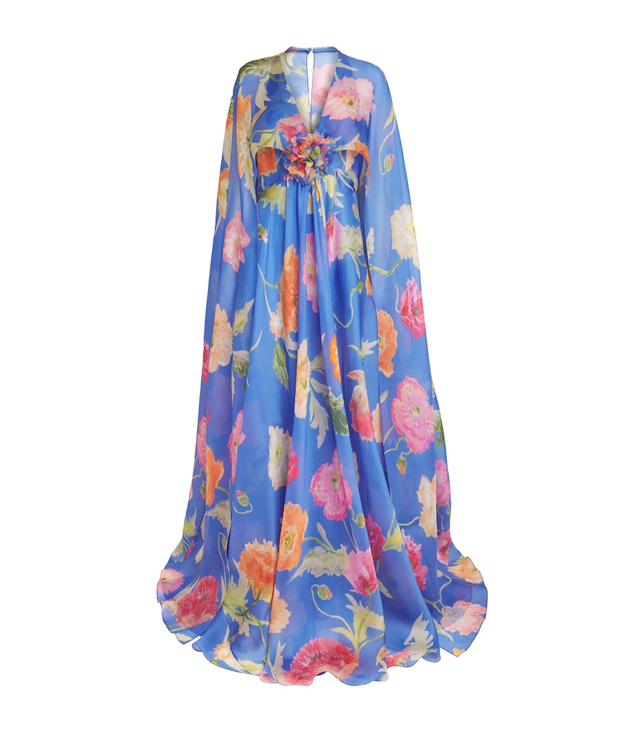 Carolina Herrera Womens Silk Organza Floral Cape Gown Bluebell Multi Image 1
