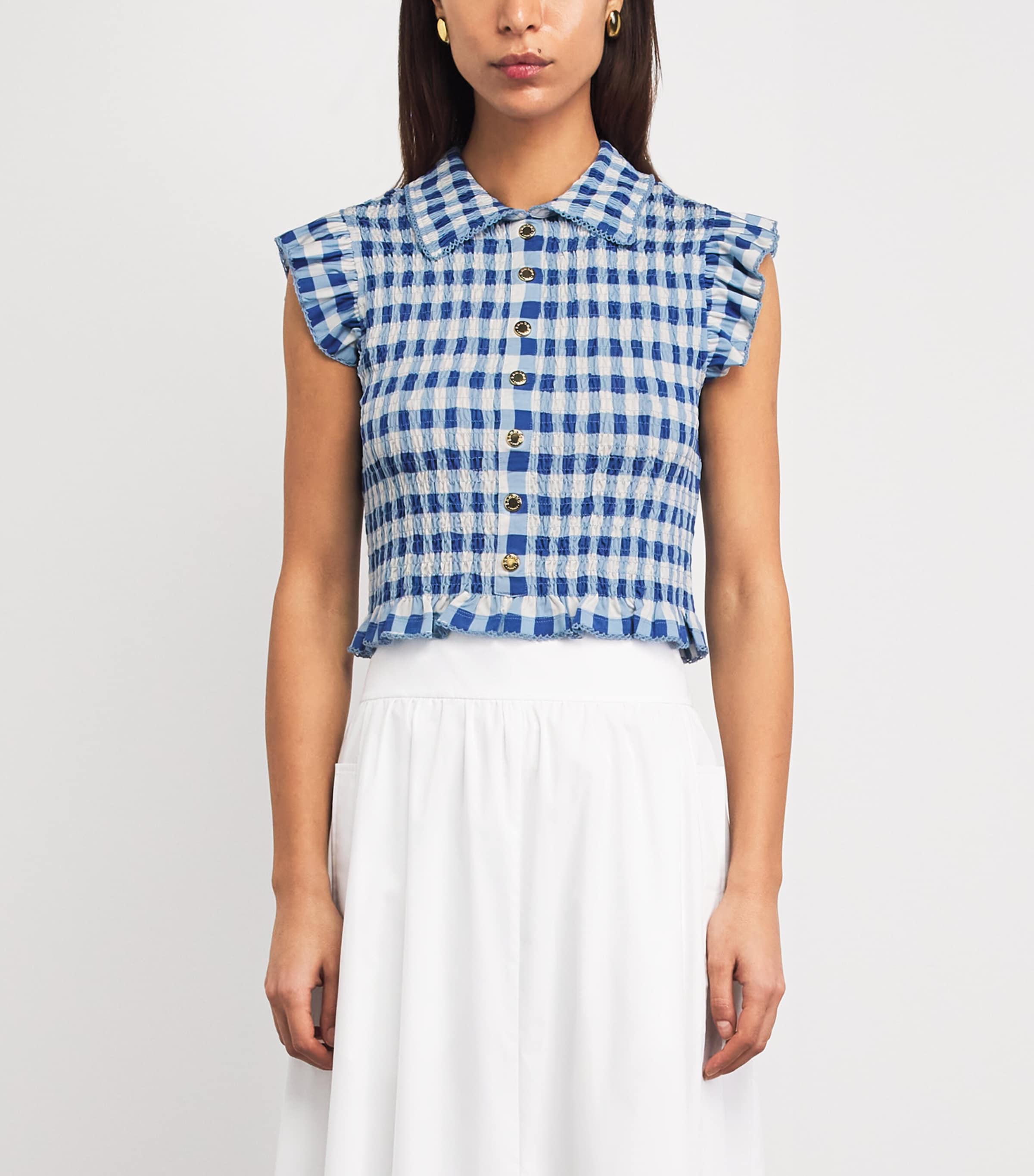 Sandro Paris Womens Gingham Smocked Top Blu / White Image 4
