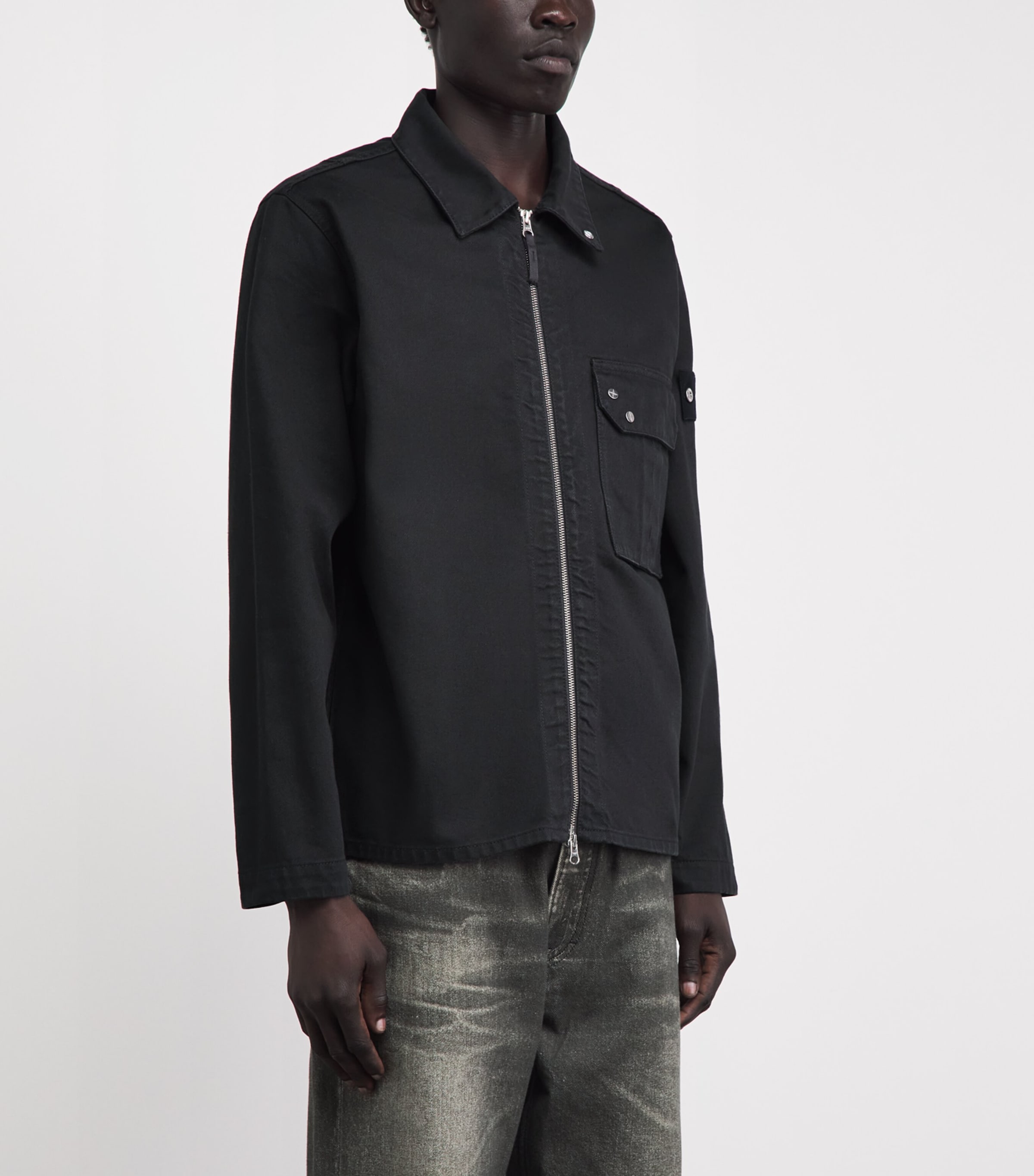 Stone Island Black Denim Zip-Up Overshirt | Harrods UK
