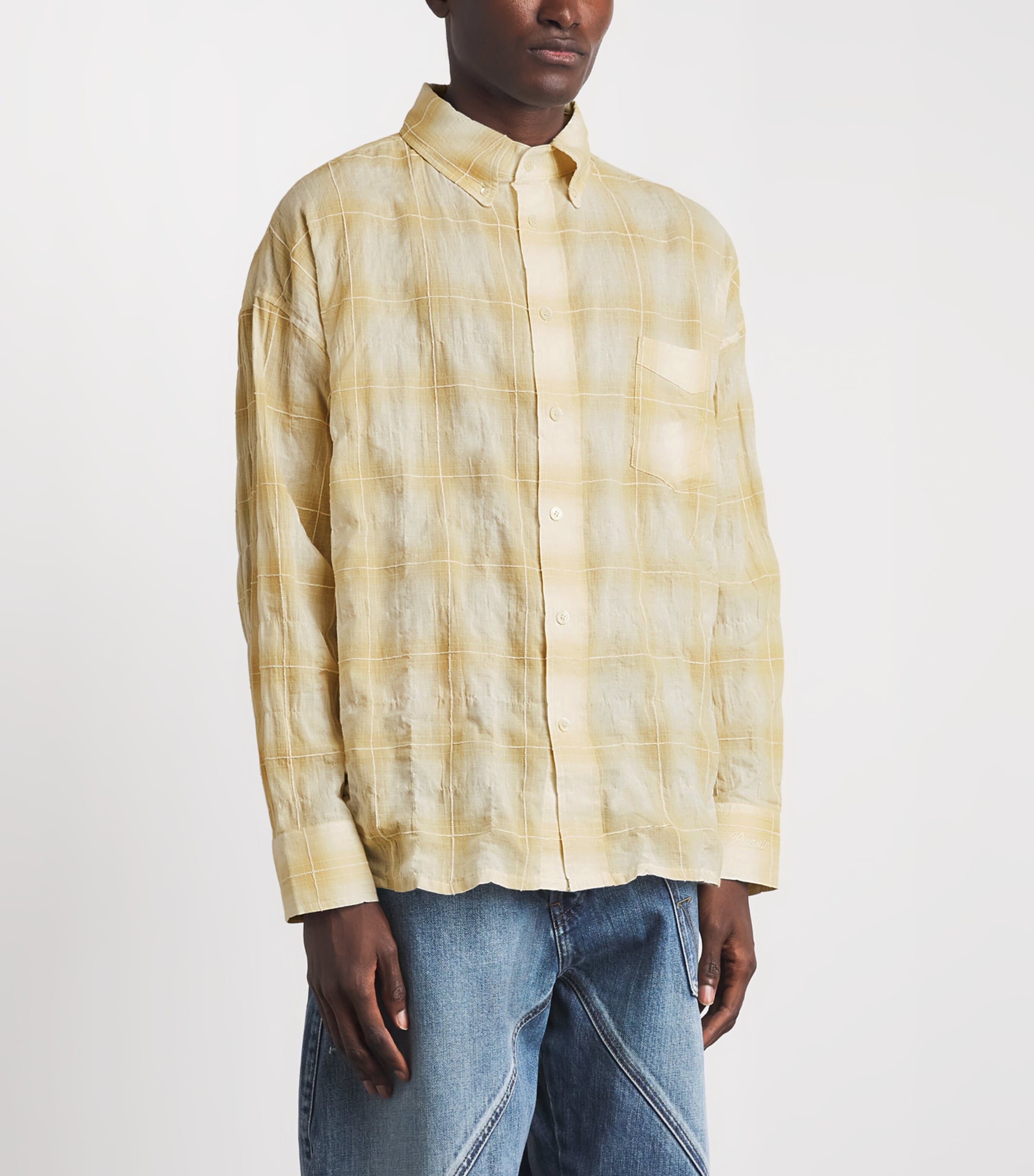 Picante Mens Cotton Crinkle Check Rocco Shirt Ivory Image 4