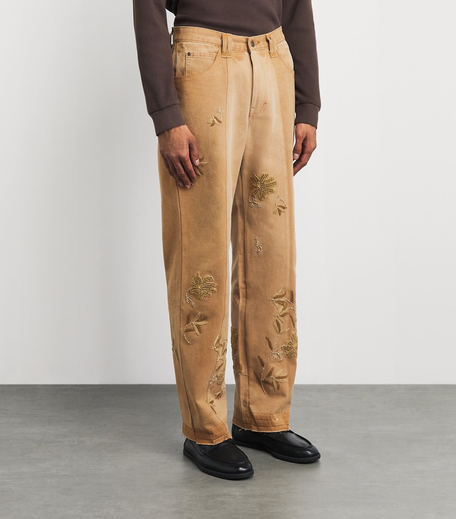 Kartik Research Mens Canvas Embroidered 5-Pocket Trousers Beige/brown/olive Image 4