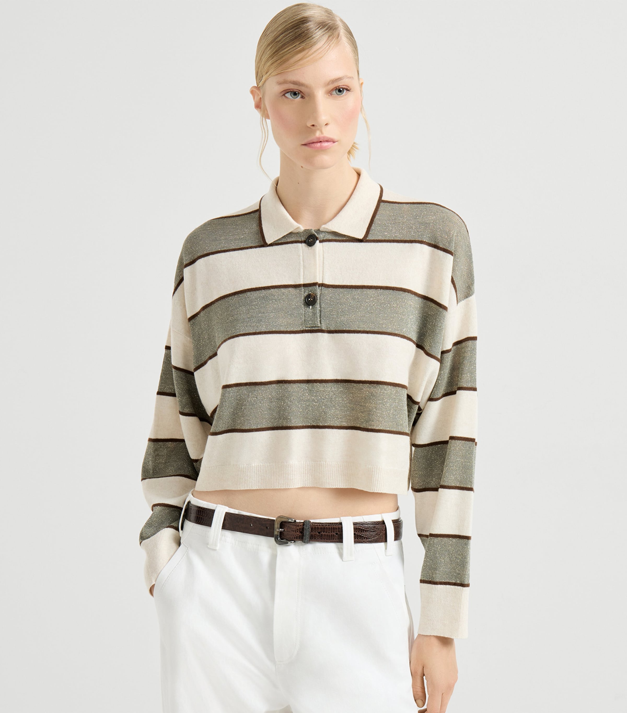 Stripe Cropped Polo Sweater CQU70 Image 3