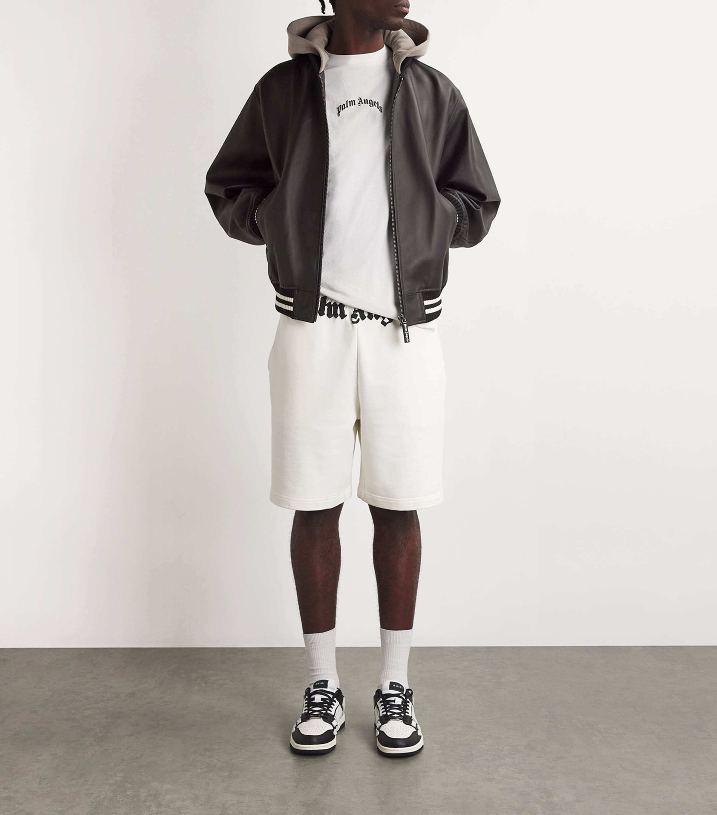 Palm Angels Mens Leather Logo Bomber Jacket Black Off White Image 2
